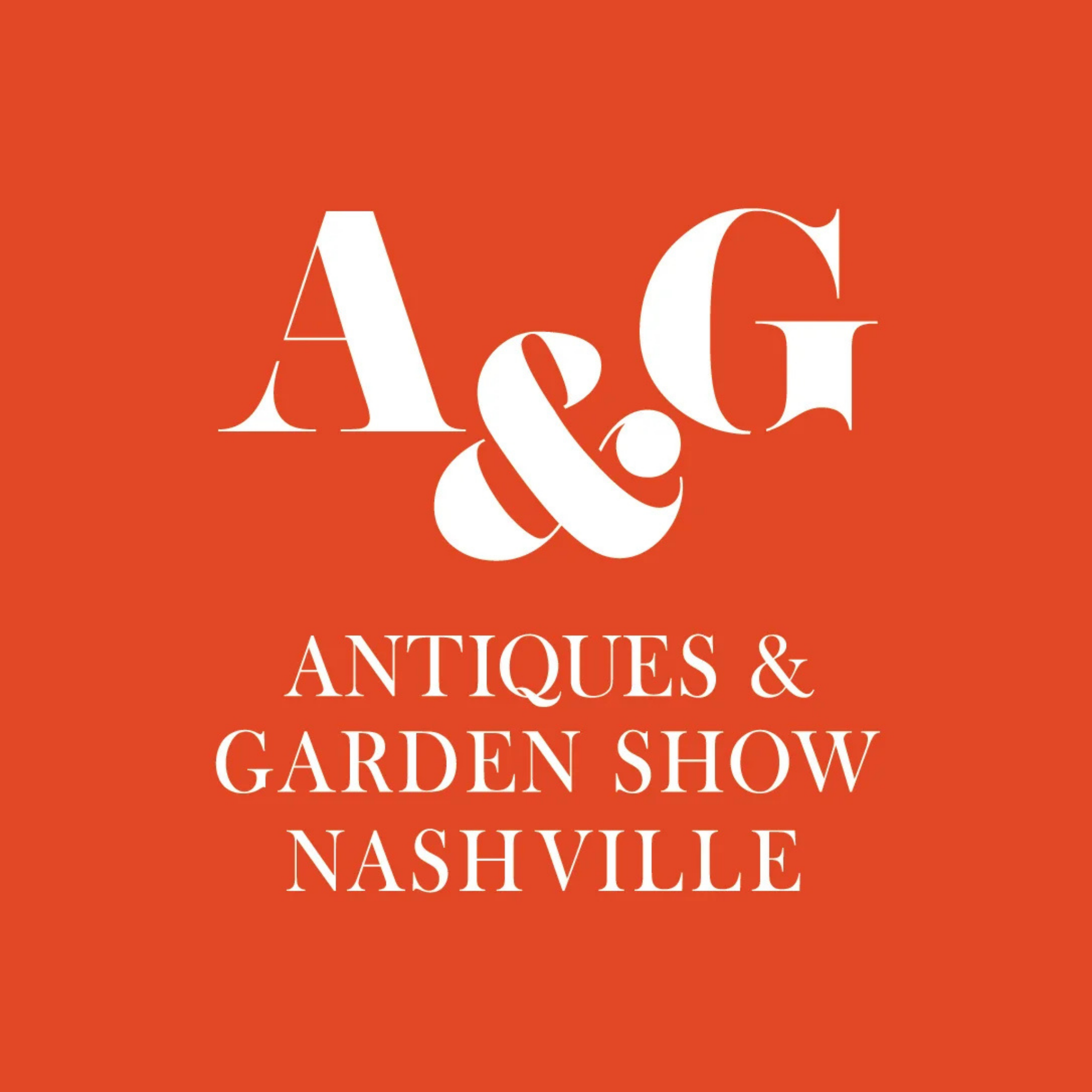 Logo for the Antiques & Garden Show Nashville featuring large white initials 'A G' and an ampersand on an orange background, with the event name written below.