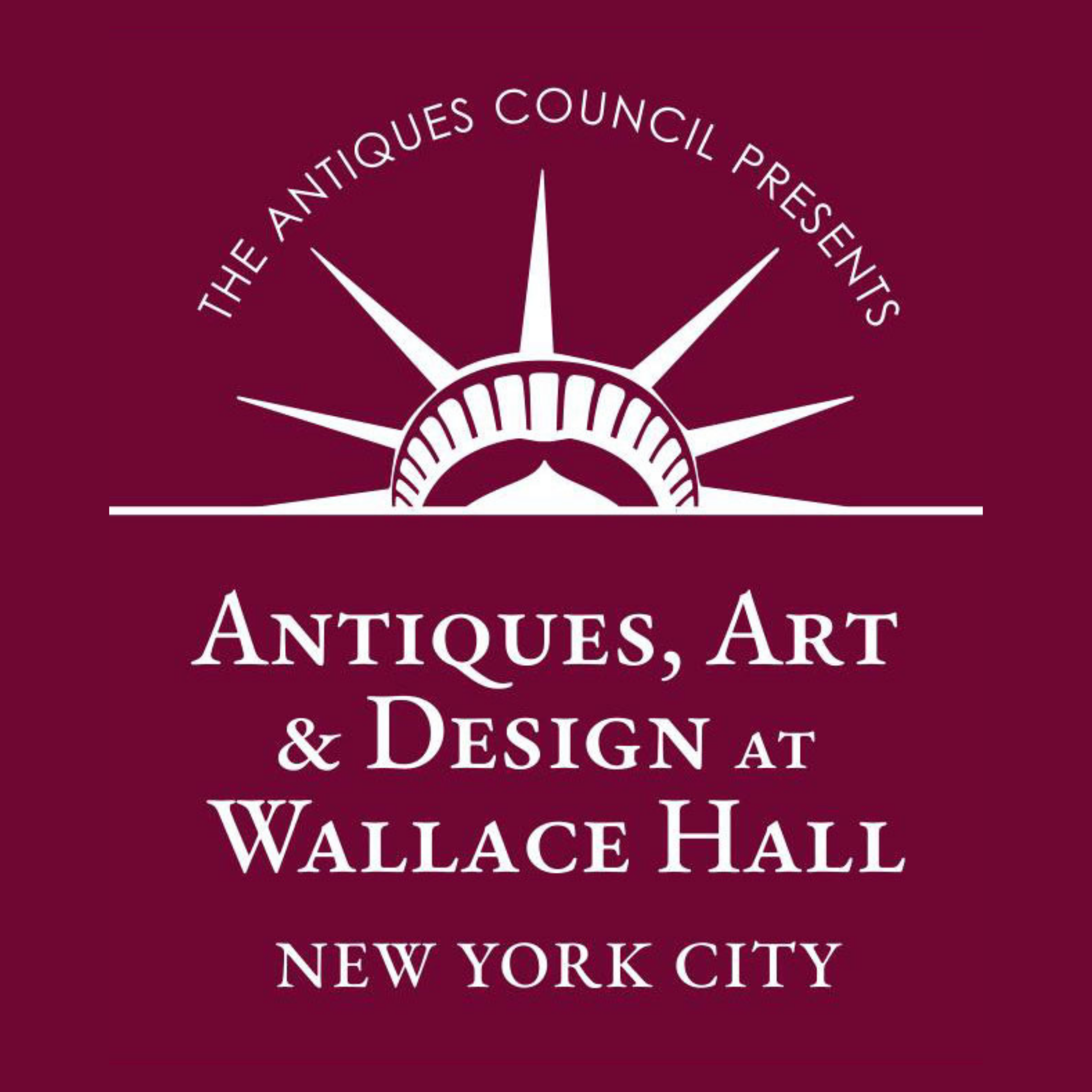 Poster for an antiques, art, and design exhibition at Wallace Hall in New York City, with a stylized sunset or sunrise logo and maroon background.