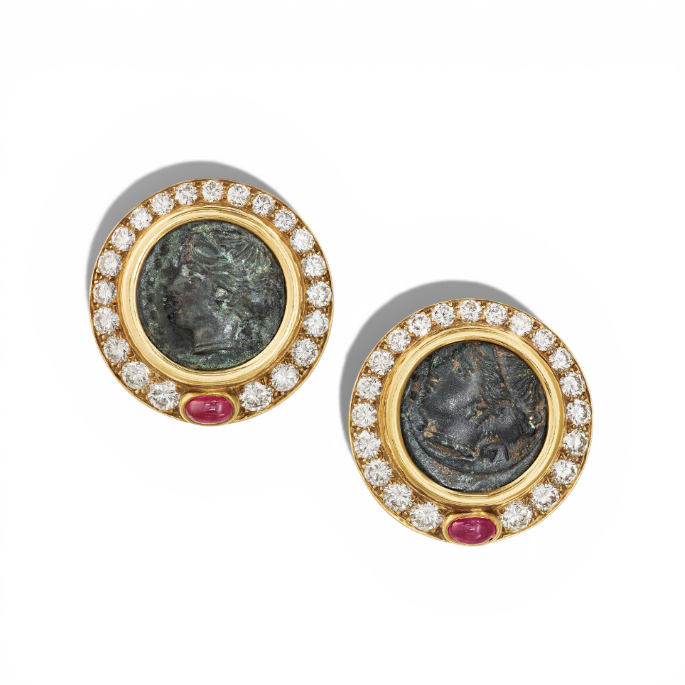 Bulgari 18KYG, Diamond & Ruby Monete Earrings