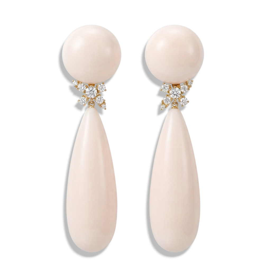 Custom Donna Vock. Pair of earrings with large coral earrings with diamond accents.