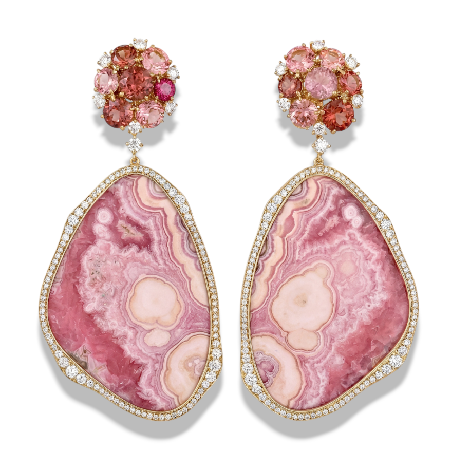 Custom Donna Vock slice earrings. Pink gemstone earrings with floral top design and large pink stone pendants outlined with diamonds.