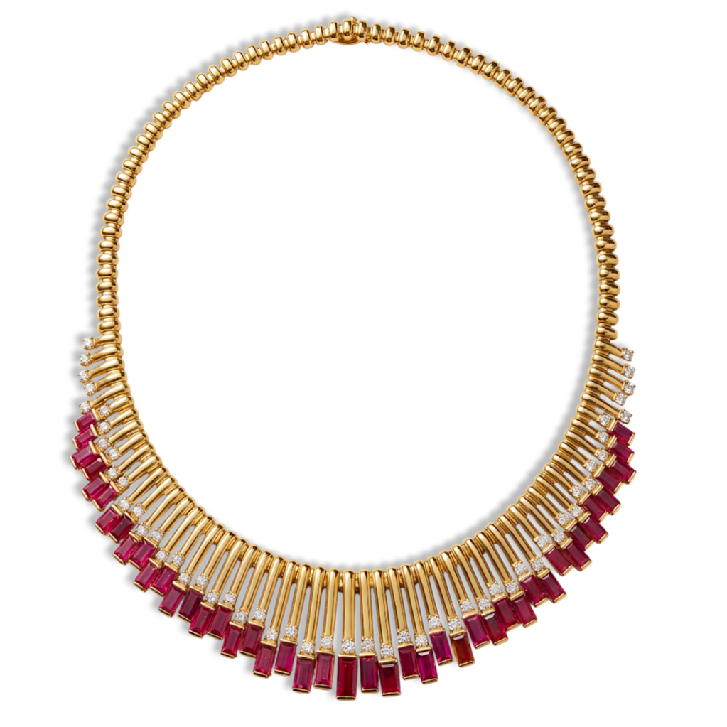 Custom Donna Vock. 18k yellow gold necklace with rubies and diamonds.