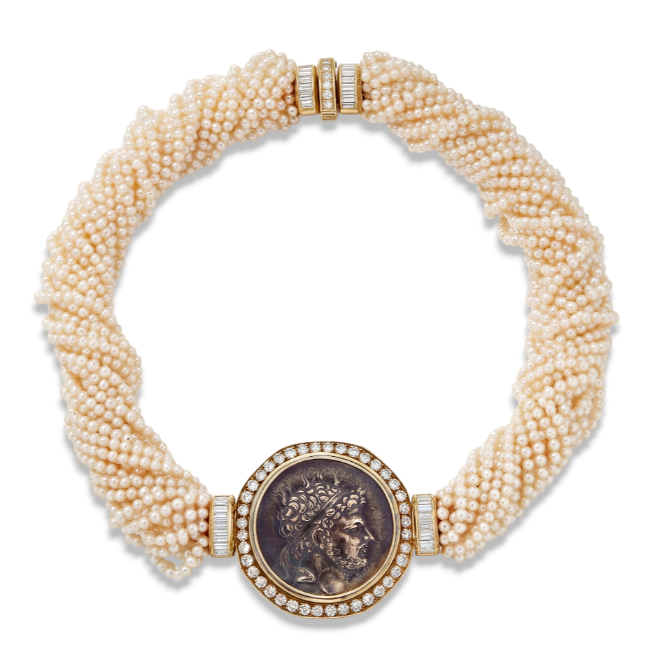 Bulgari 18KYG, Cultured Pearl & Diamond Monete Coin Necklace