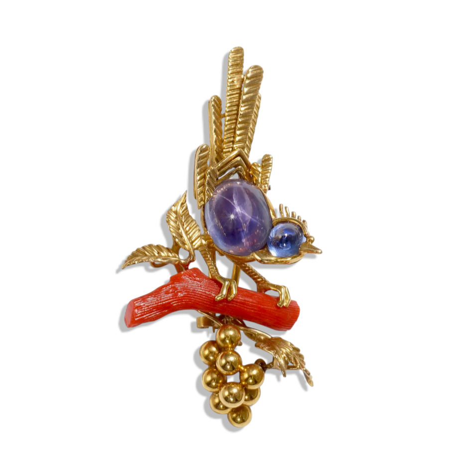 Marchak 18kyg, Sapphire & Coral Bird Brooch