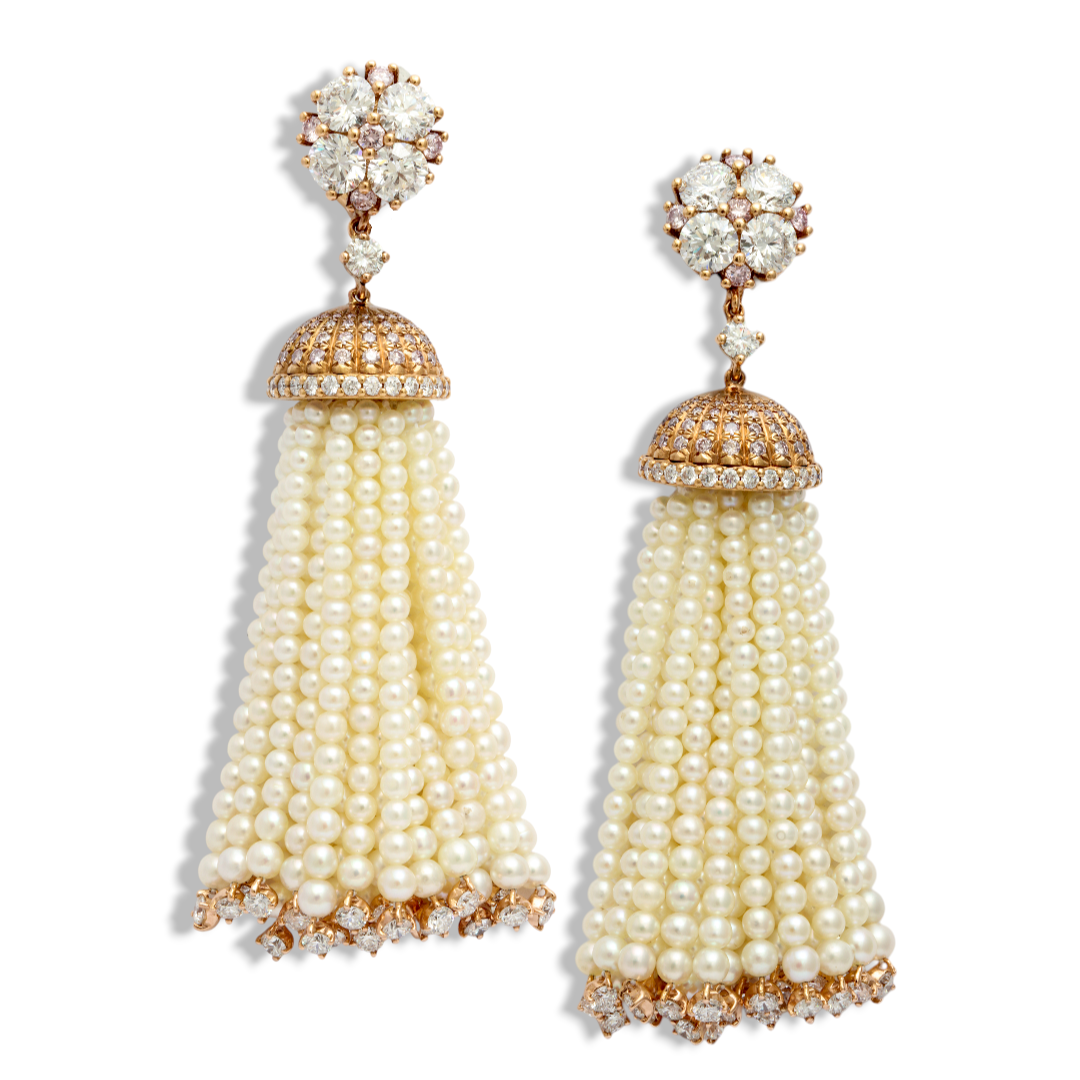 18KRG, Pink & White Diamond Natural Pearls Tassel Earrings
