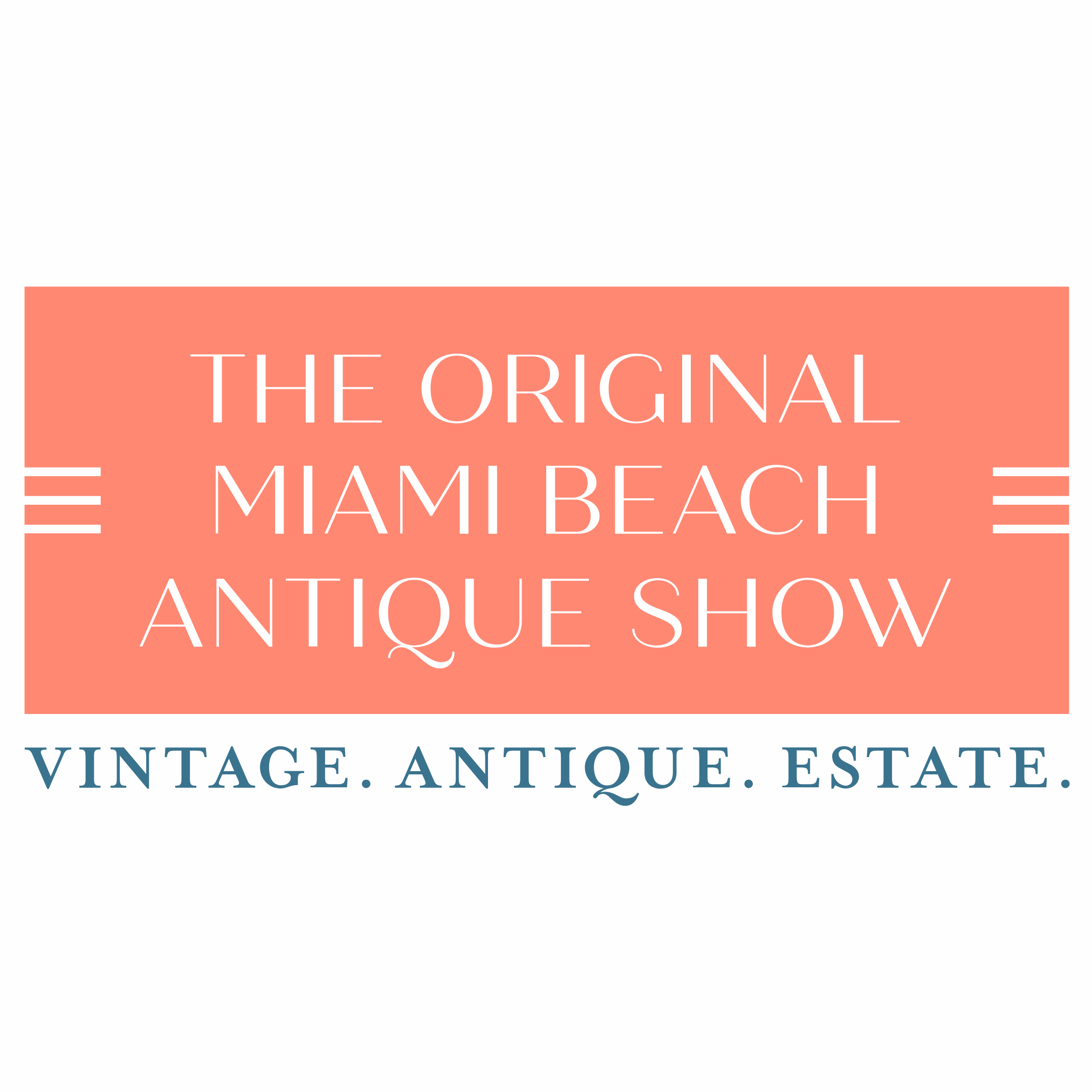 Logo for the Miami Beach Antique Show with a coral pink background, white and dark blue text that reads "The Original Miami Beach Antique Show" and "Vintage. Antique. Estate."