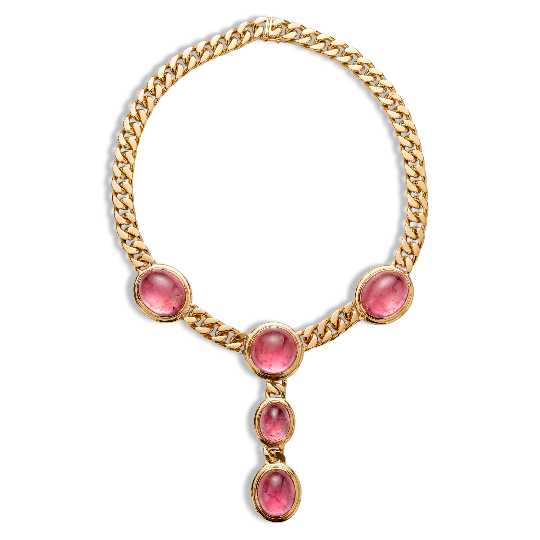 Custom Donna Vock. 18k yellow gold necklace with pink tourmaline arranged in a dangling design