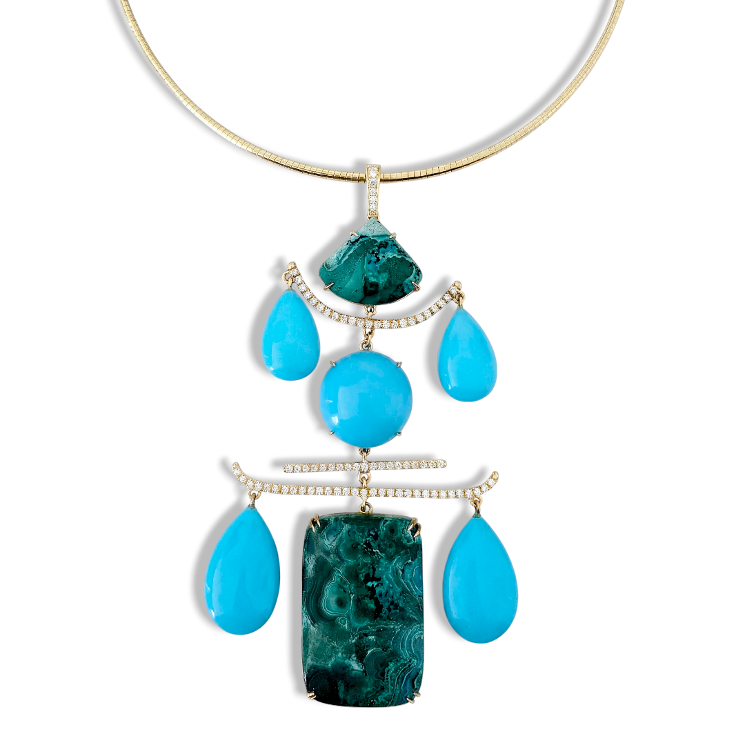 Custom Donna Vock. A large statement necklace featuring turquoise and green stones with gold accents and small diamonds.
