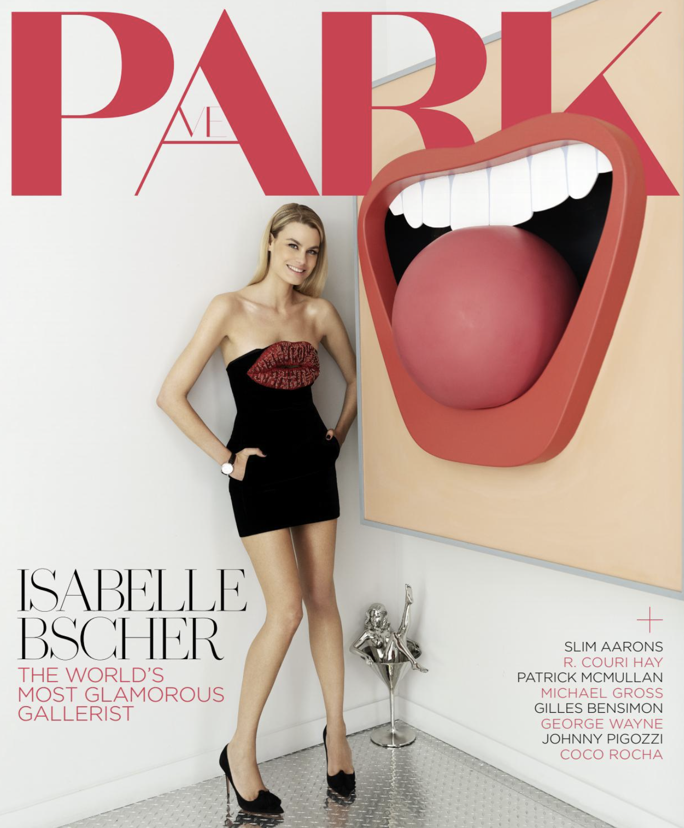 Park Magazine cover featuring Isabelle Bscher smiling, wearing a black dress with lips design, standing next to a large art piece of a wide-open mouth with a tongue sticking out. The cover includes text about the model and other artists.