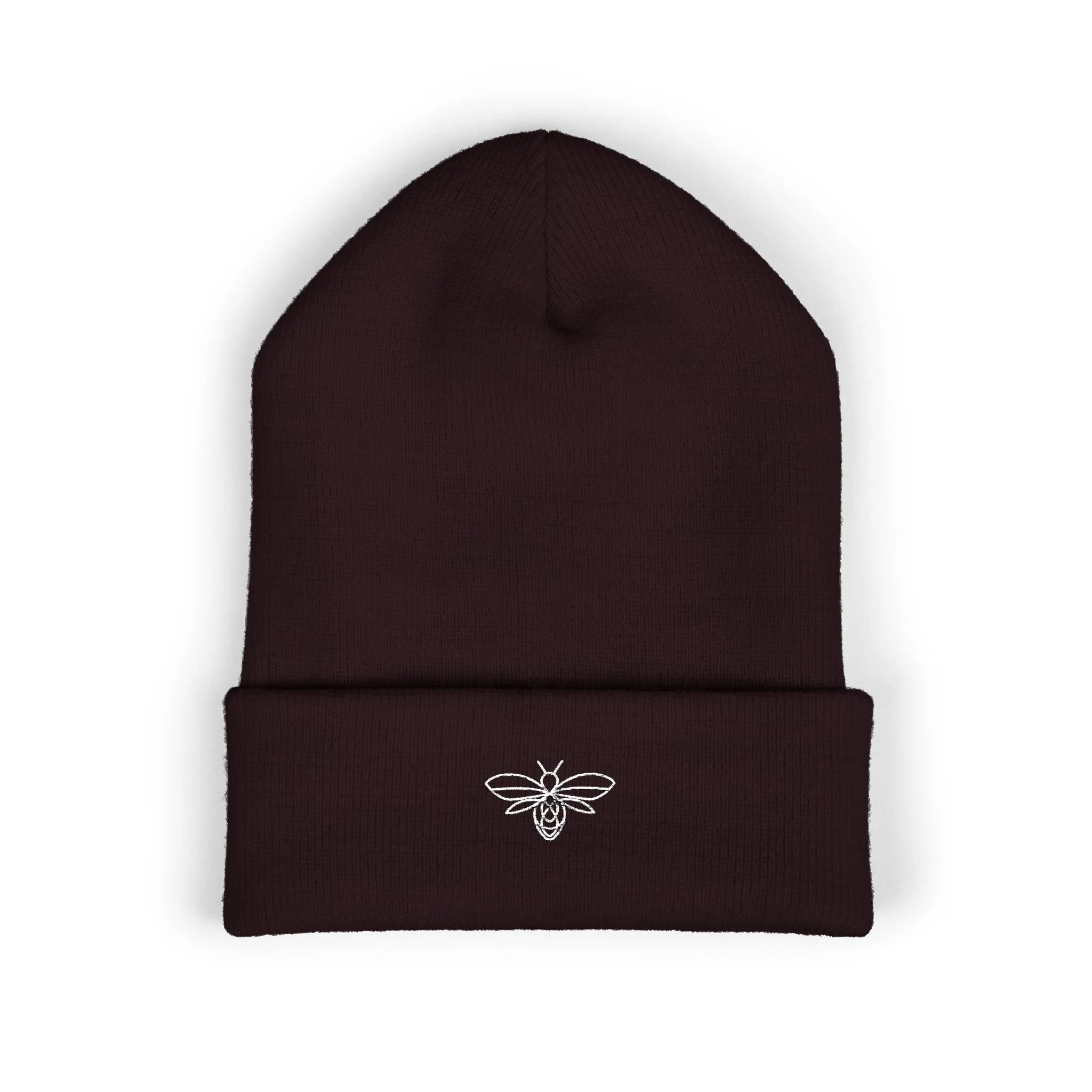 Embroidered Bee Cuffed Beanie — Yellow Knit Hat