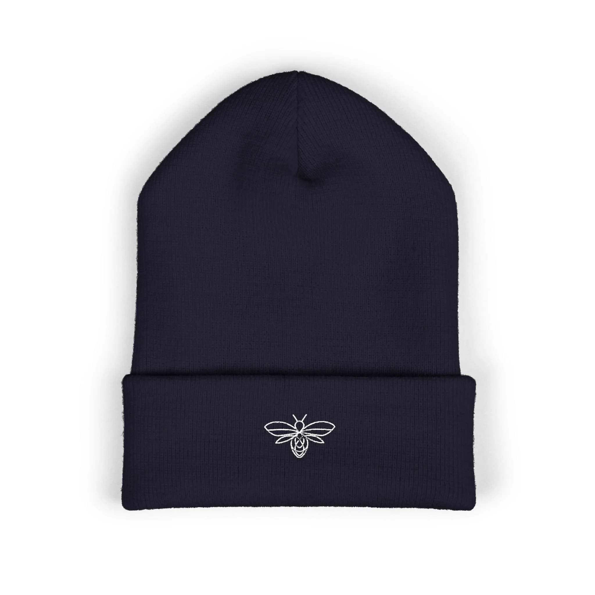 Embroidered Bee Cuffed Beanie — Yellow Knit Hat