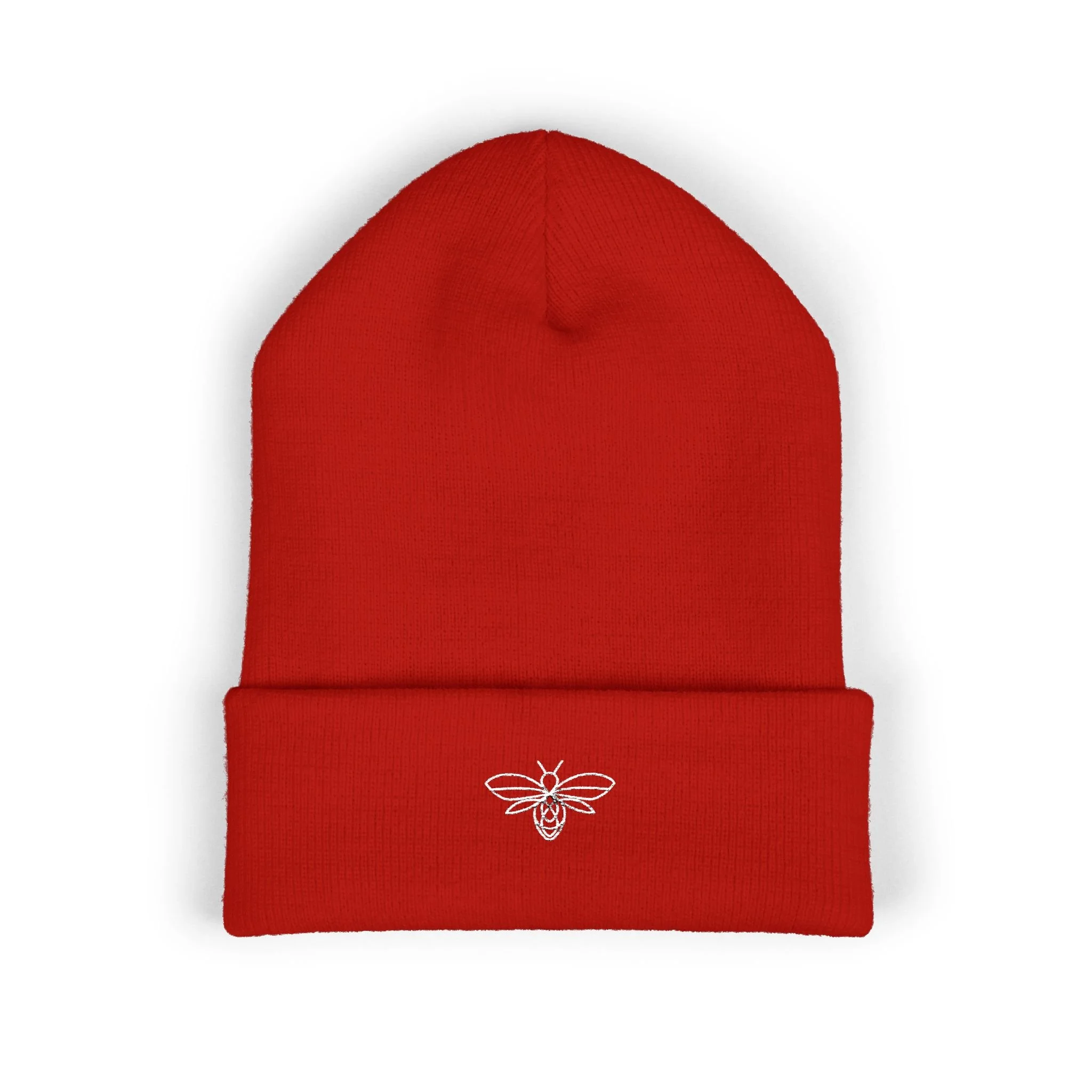 Embroidered Bee Cuffed Beanie — Yellow Knit Hat