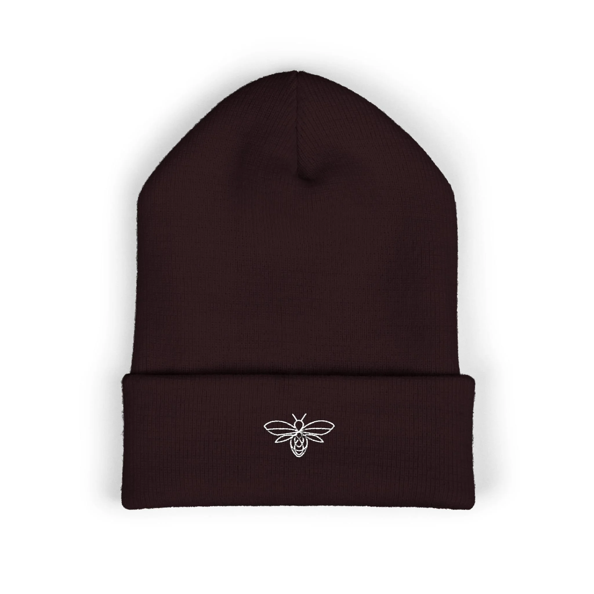 Embroidered Bee Cuffed Beanie — Yellow Knit Hat