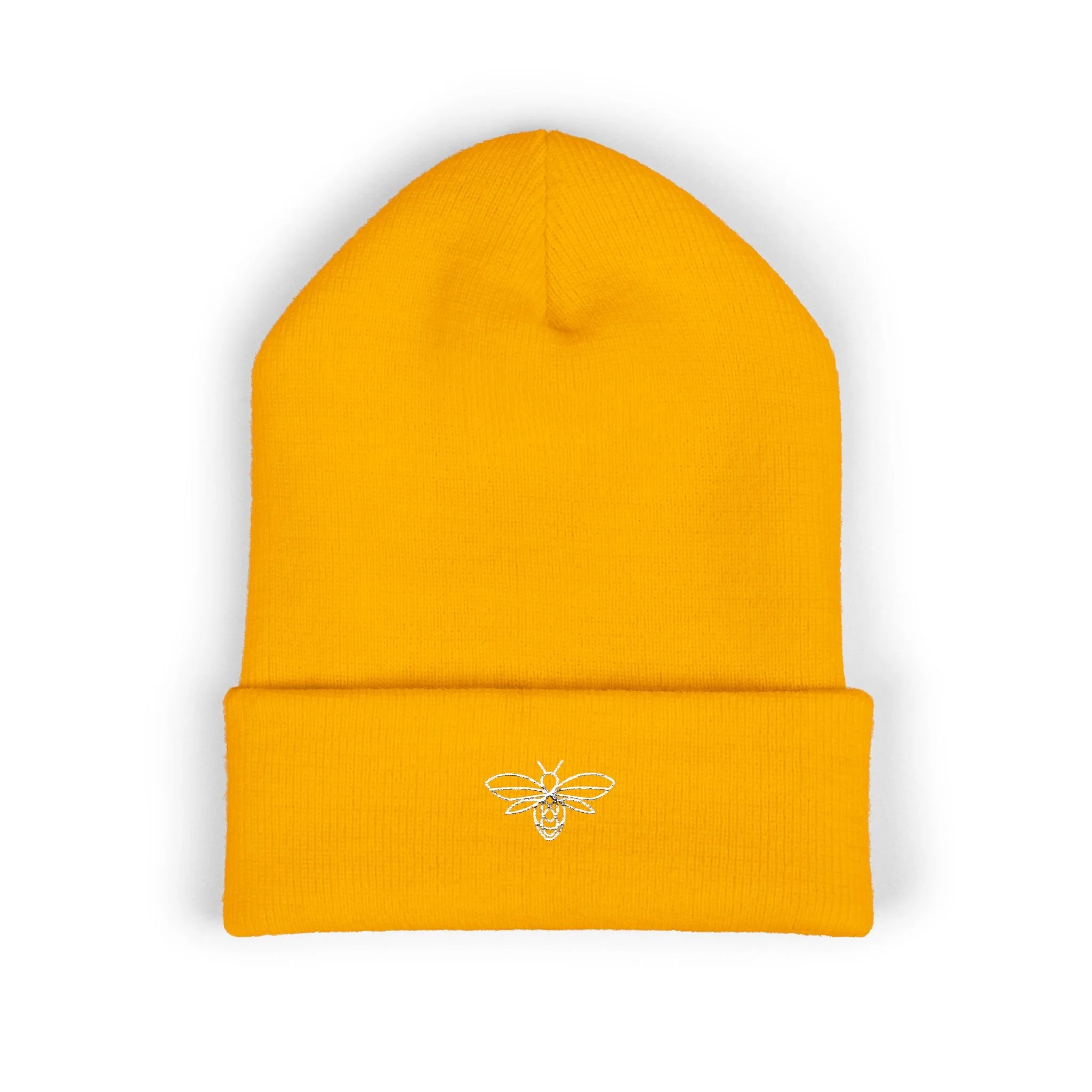 Embroidered Bee Cuffed Beanie — Yellow Knit Hat