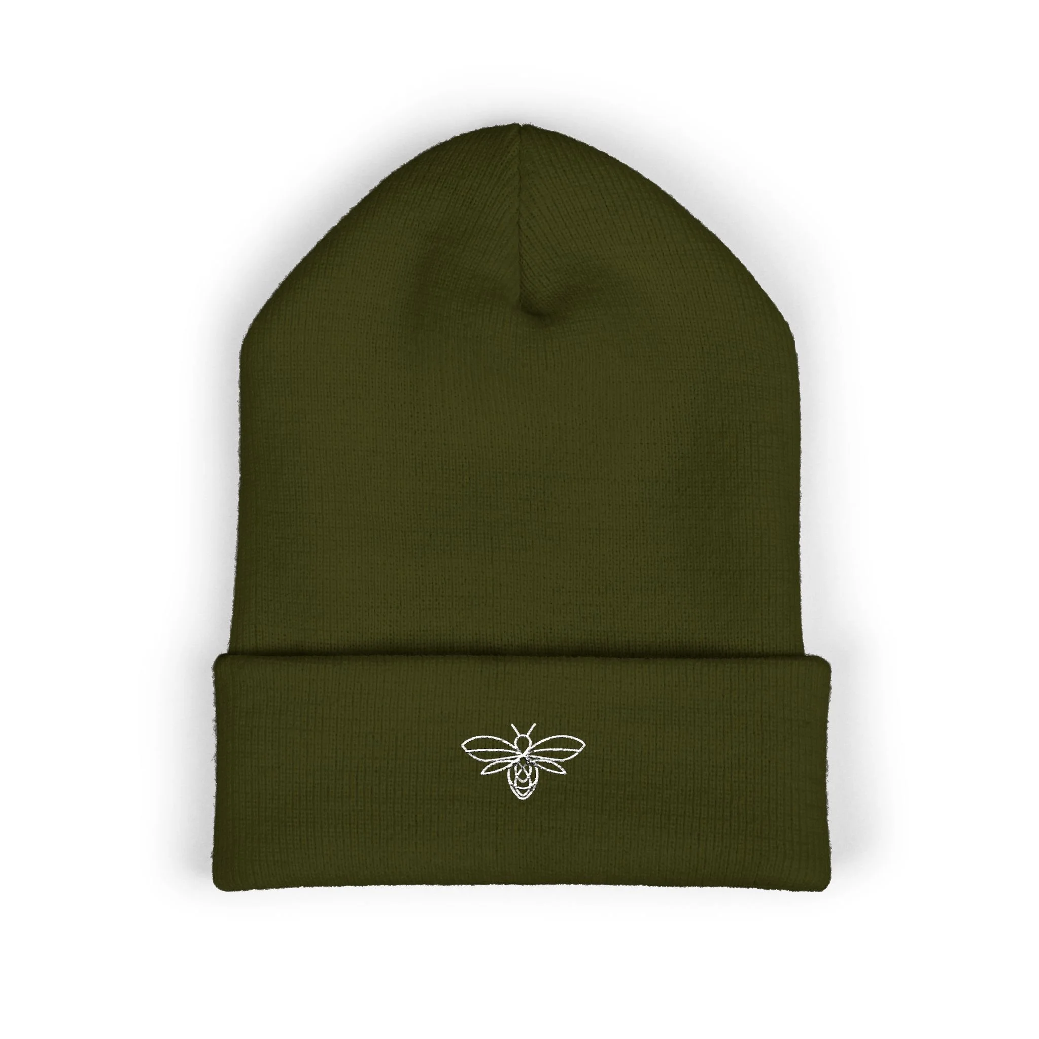 Embroidered Bee Cuffed Beanie — Yellow Knit Hat