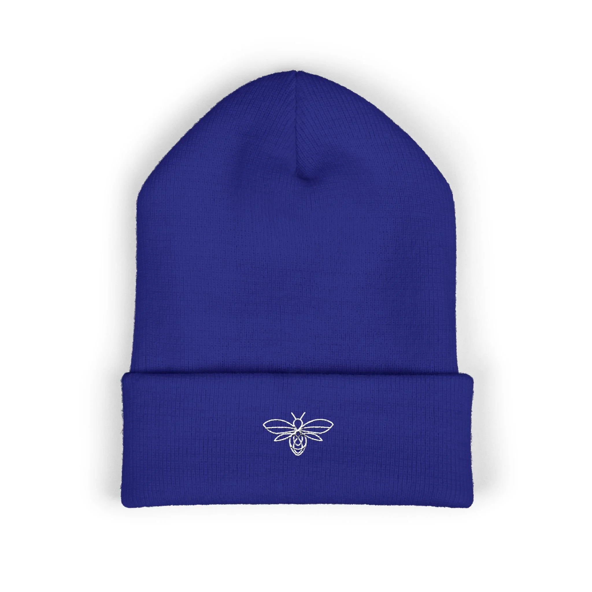 Embroidered Bee Cuffed Beanie — Yellow Knit Hat