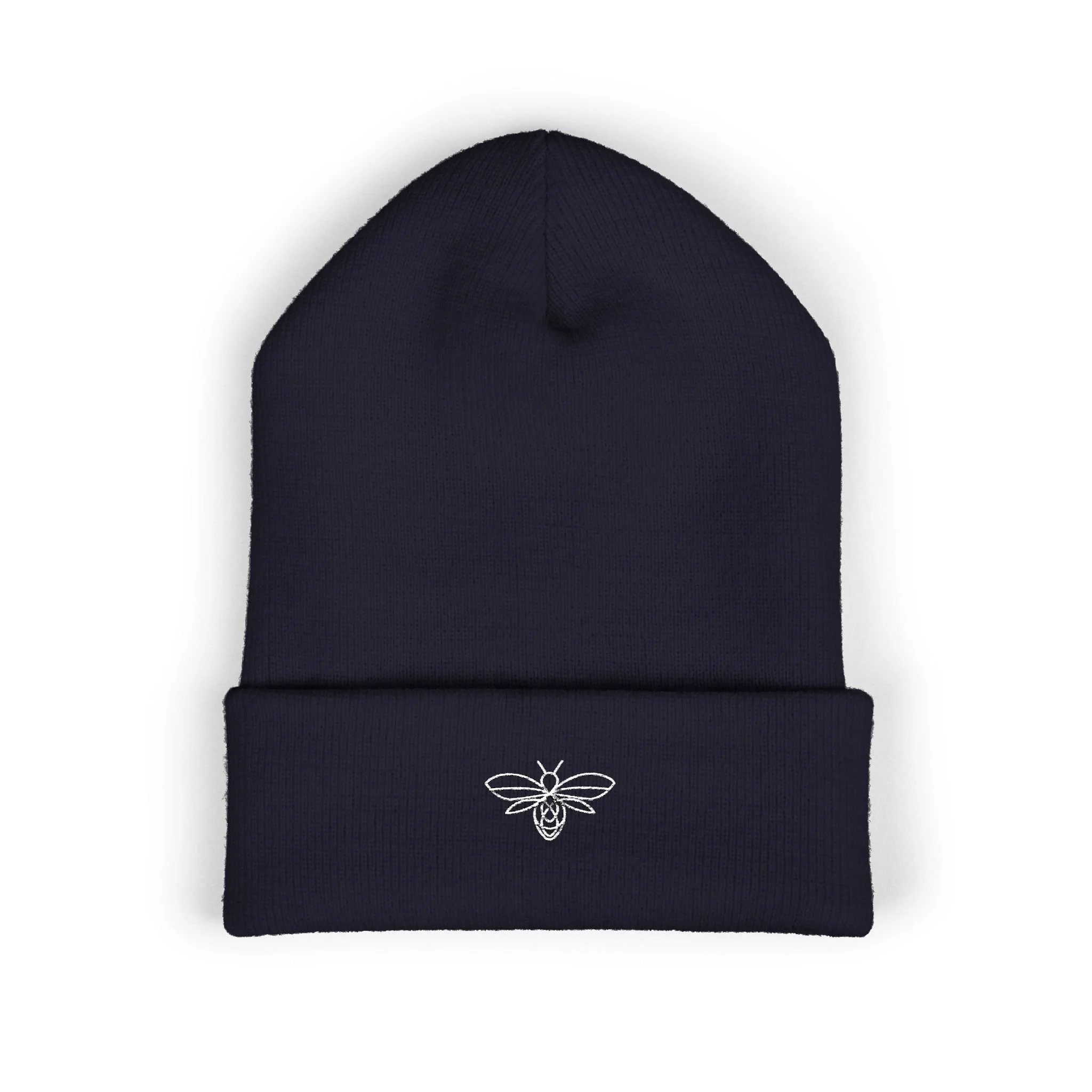 Embroidered Bee Cuffed Beanie — Yellow Knit Hat