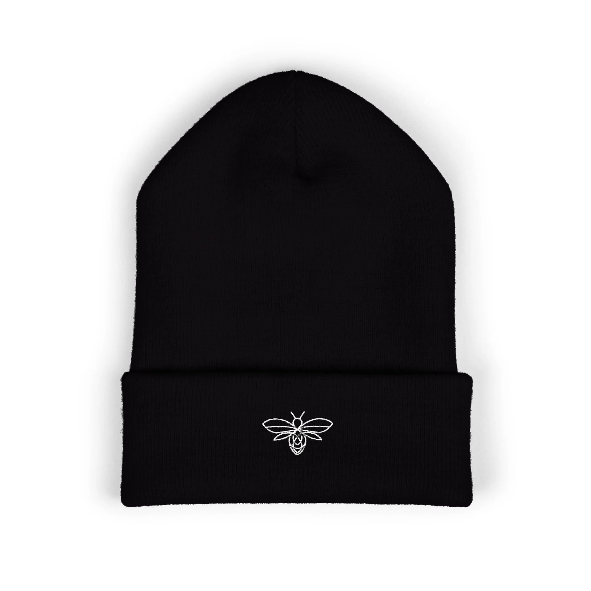 Embroidered Bee Cuffed Beanie — Yellow Knit Hat