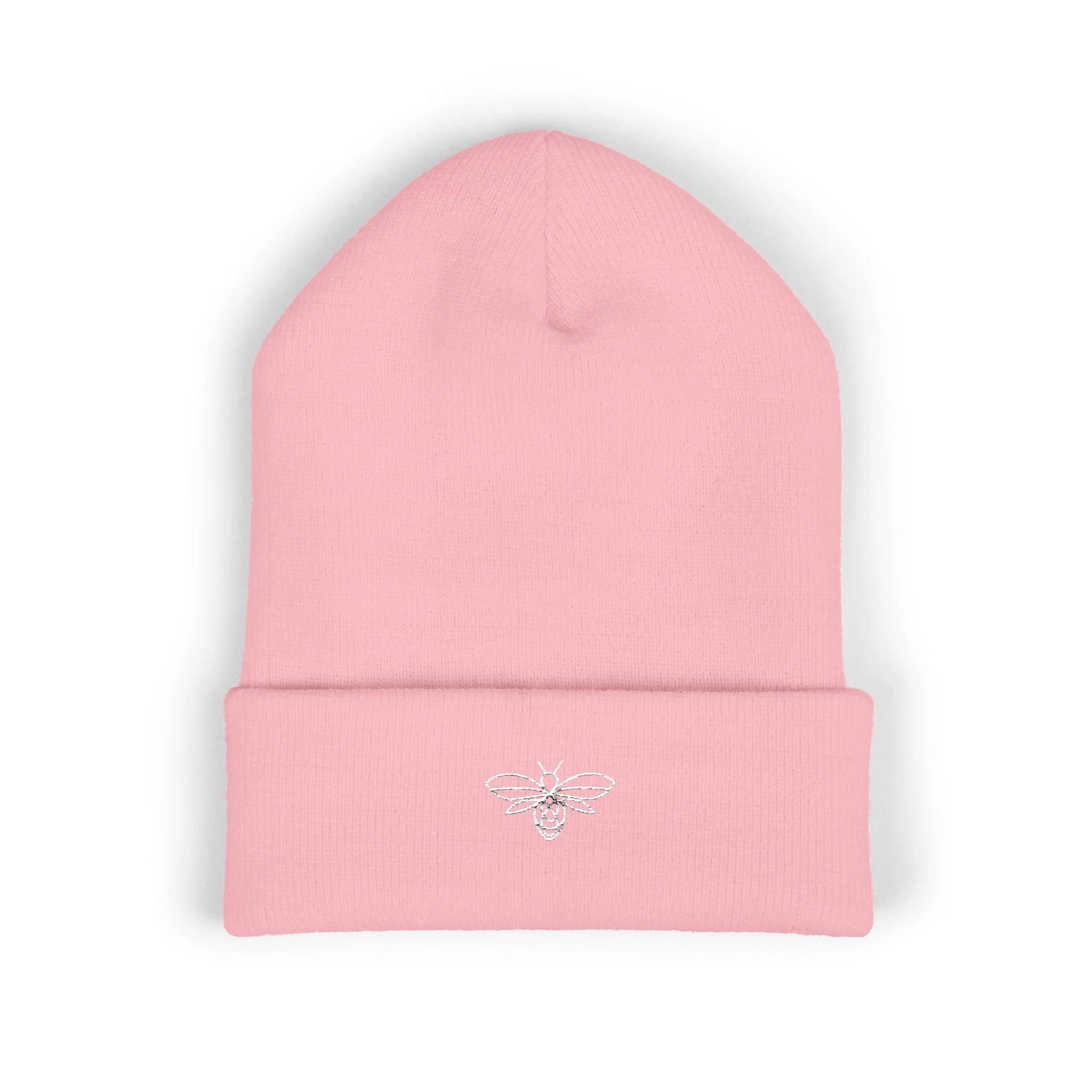 Embroidered Bee Cuffed Beanie — Yellow Knit Hat