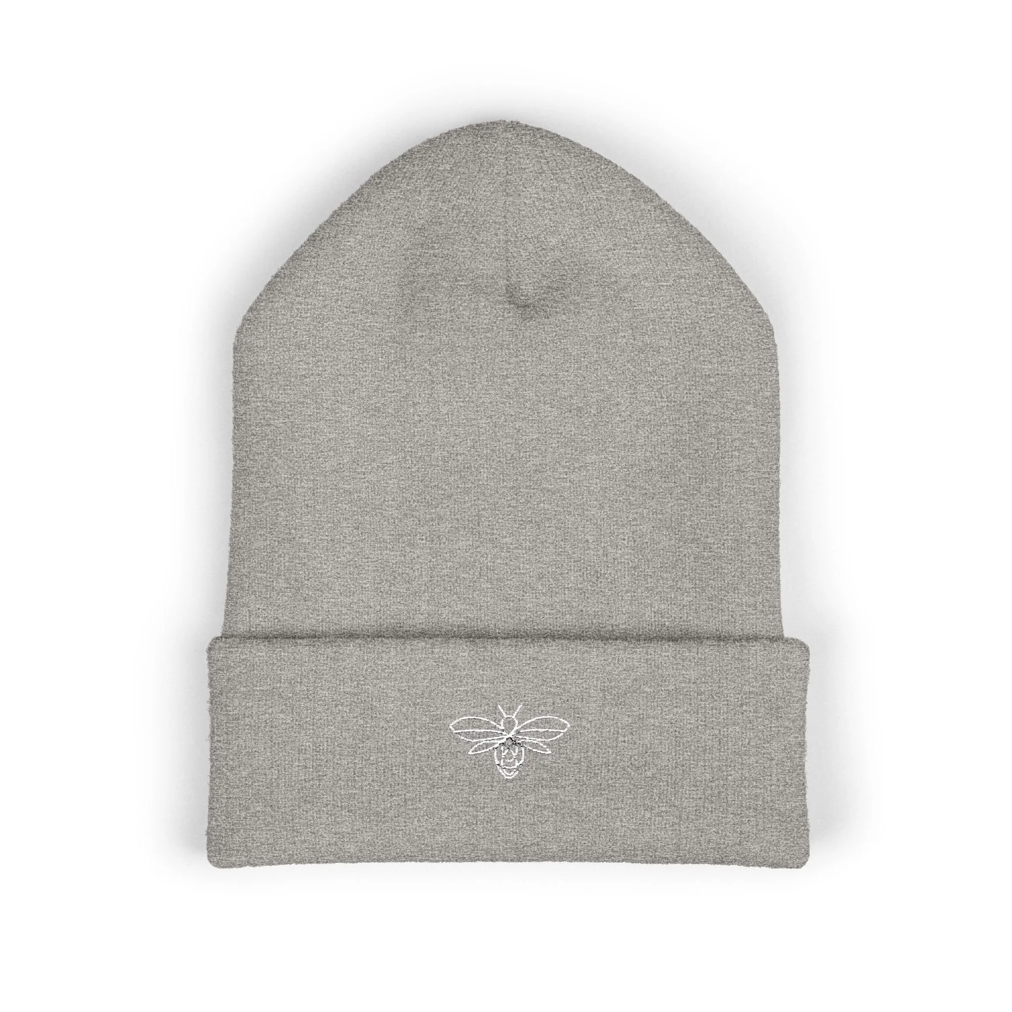 Embroidered Bee Cuffed Beanie — Yellow Knit Hat