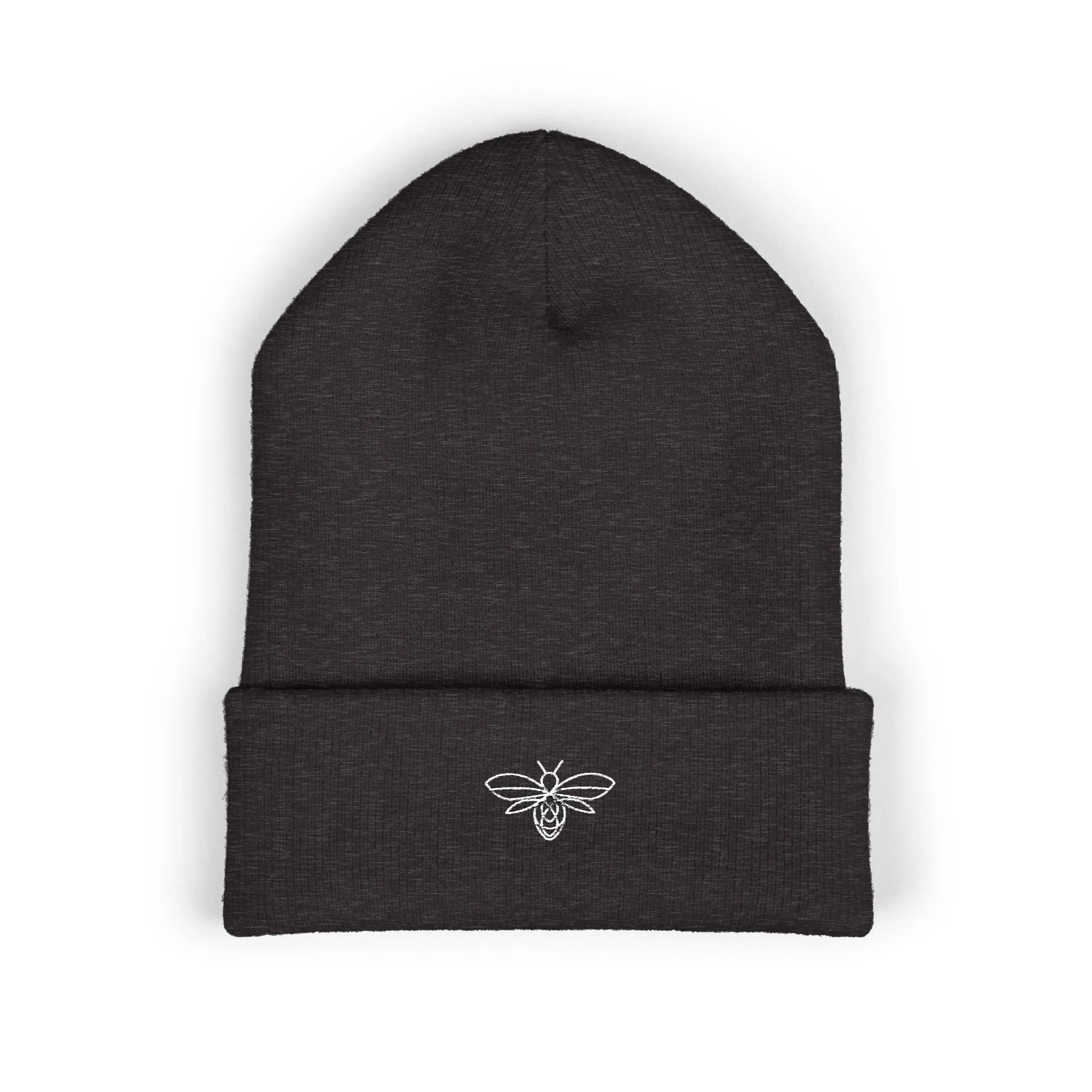 Embroidered Bee Cuffed Beanie — Yellow Knit Hat