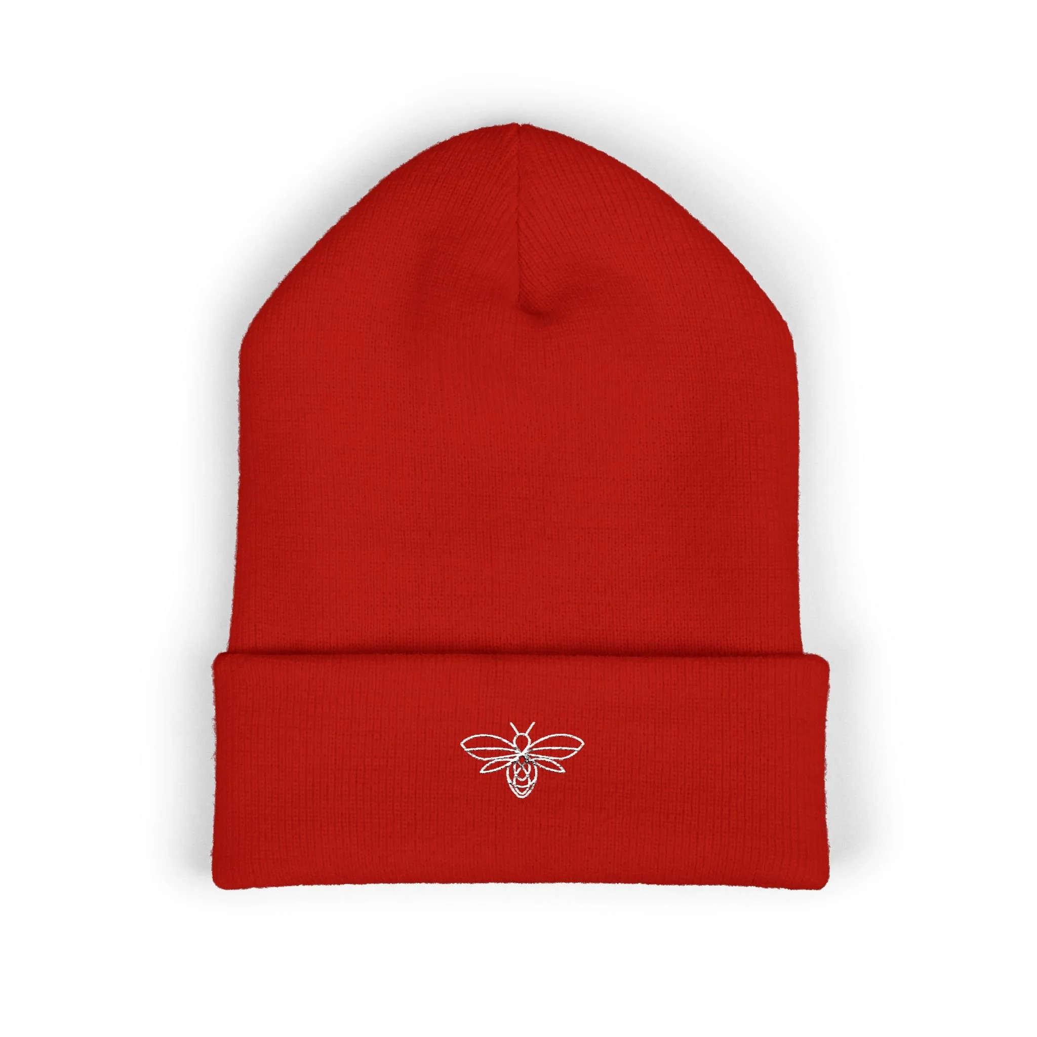 Embroidered Bee Cuffed Beanie — Yellow Knit Hat