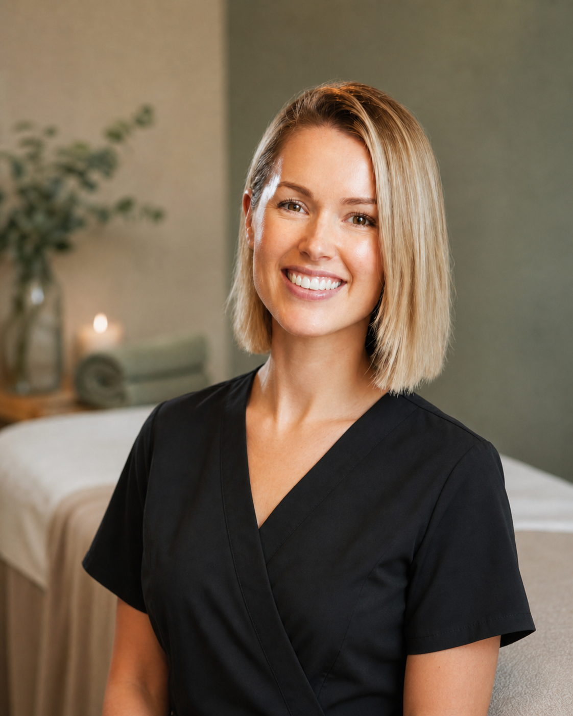 A smiling woman with shoulder-length blond hair wearing a black scrub top in a spa or massage therapy room setting.