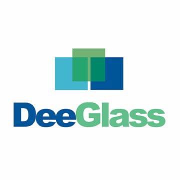 Logo for DeeGlass featuring overlapping green and blue rectangles and the company name in blue and green text.
