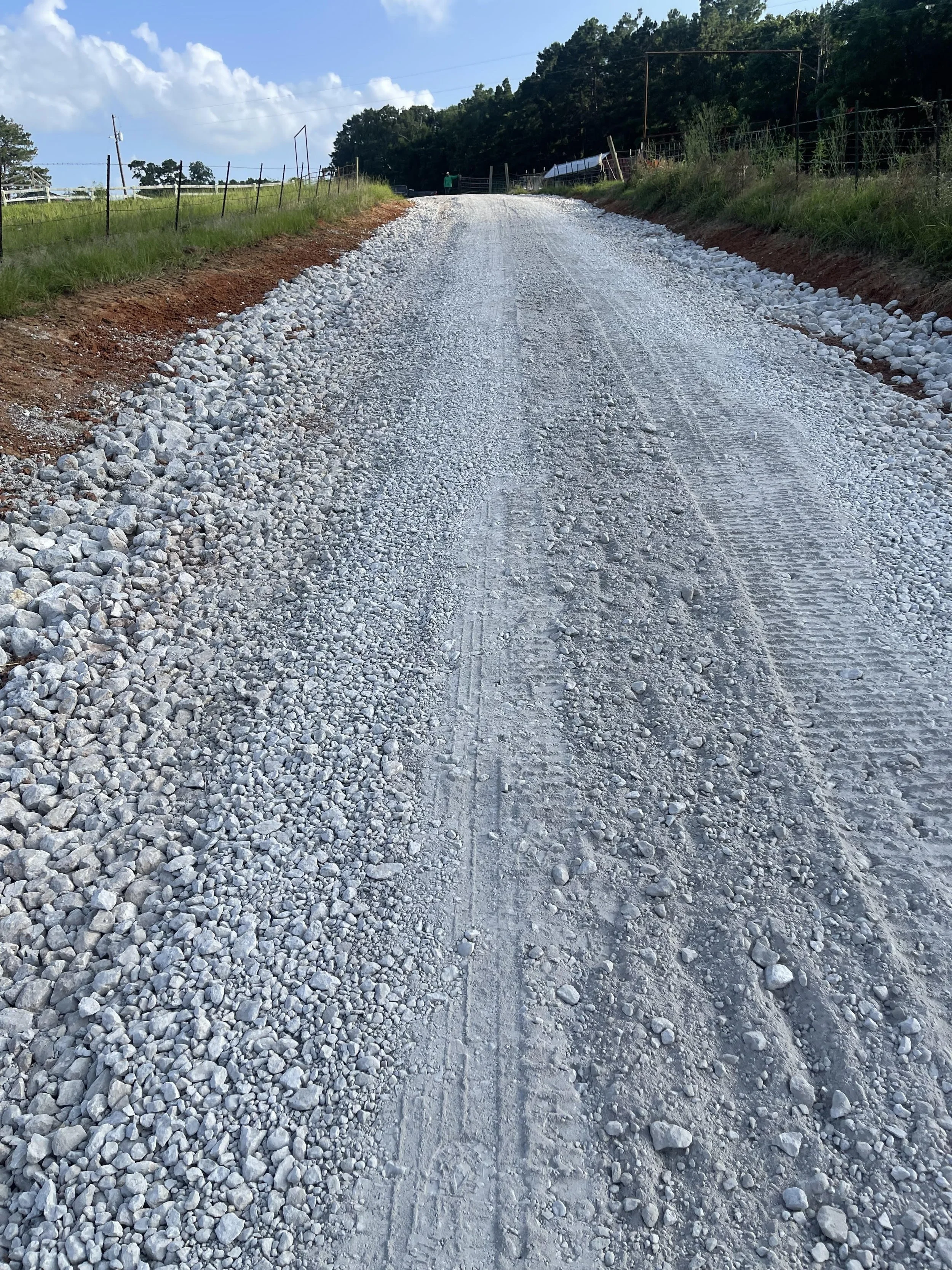 Gravel road bordered by green grass and fencing on both sides, leading to a tree-lined area under a partly cloudy sky.