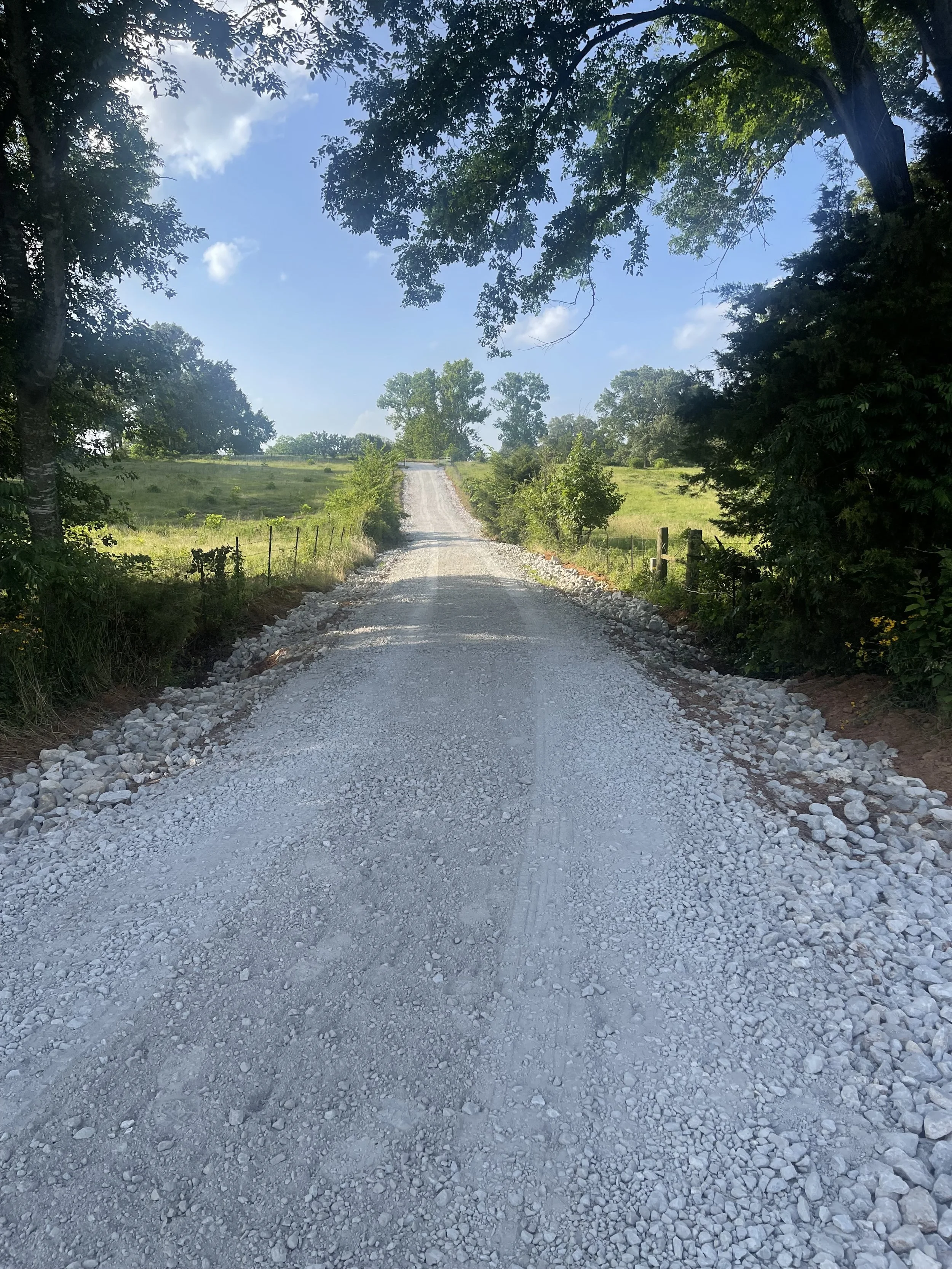 A gravel country road surrounded by green trees and open fields under a clear blue sky.
