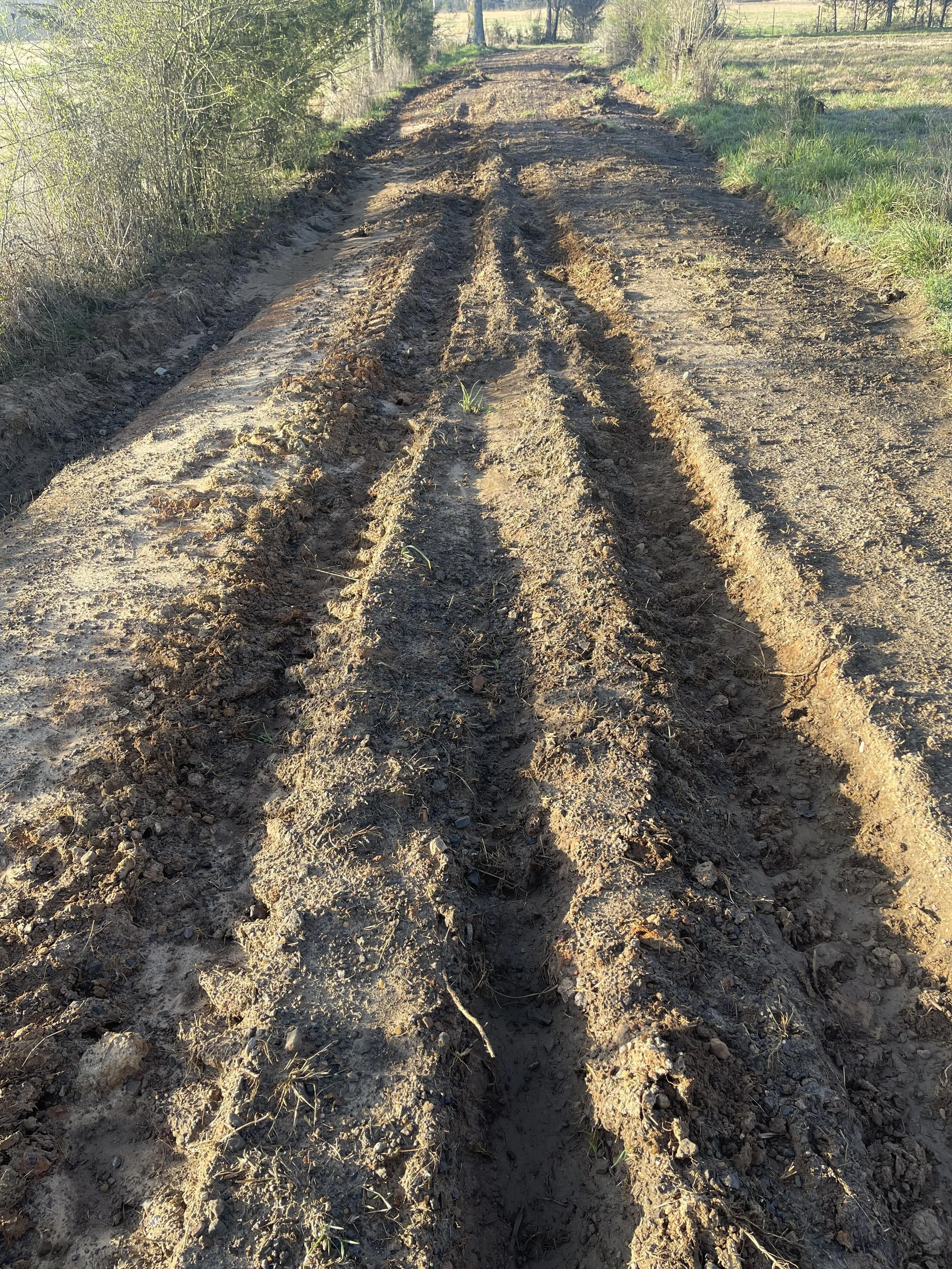 Before picture of dirt road with tractor tire tracks and ruts.