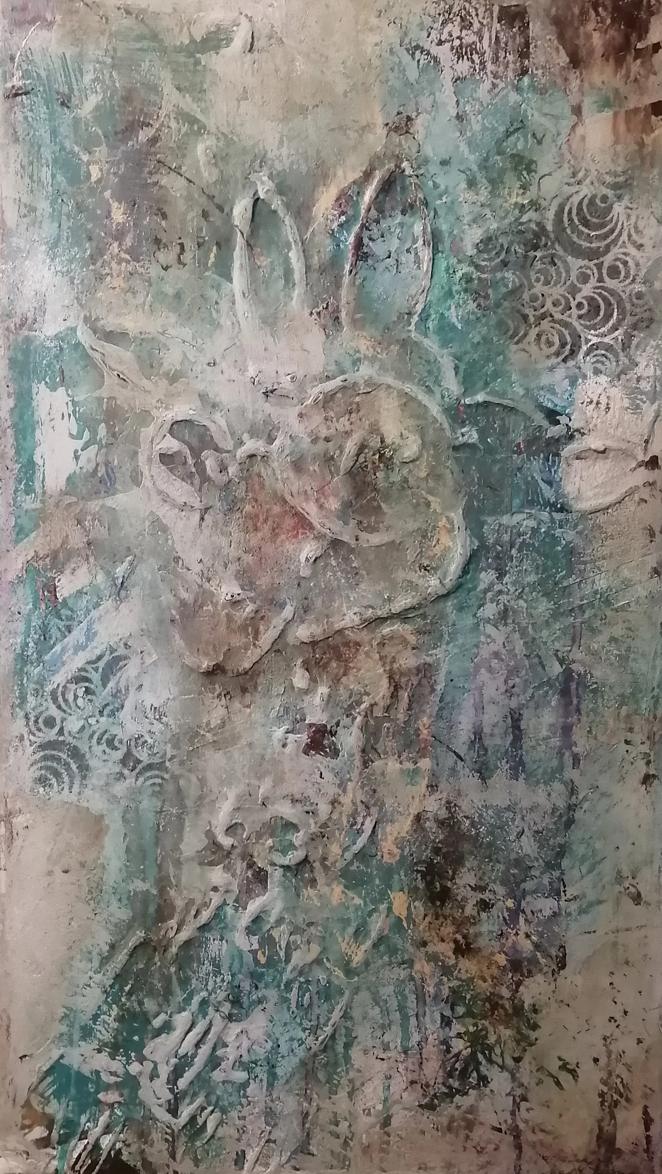 "Incognito"
12 ½" x 22 ¼"
Mixed Media on Reclaimed Canvas
2025