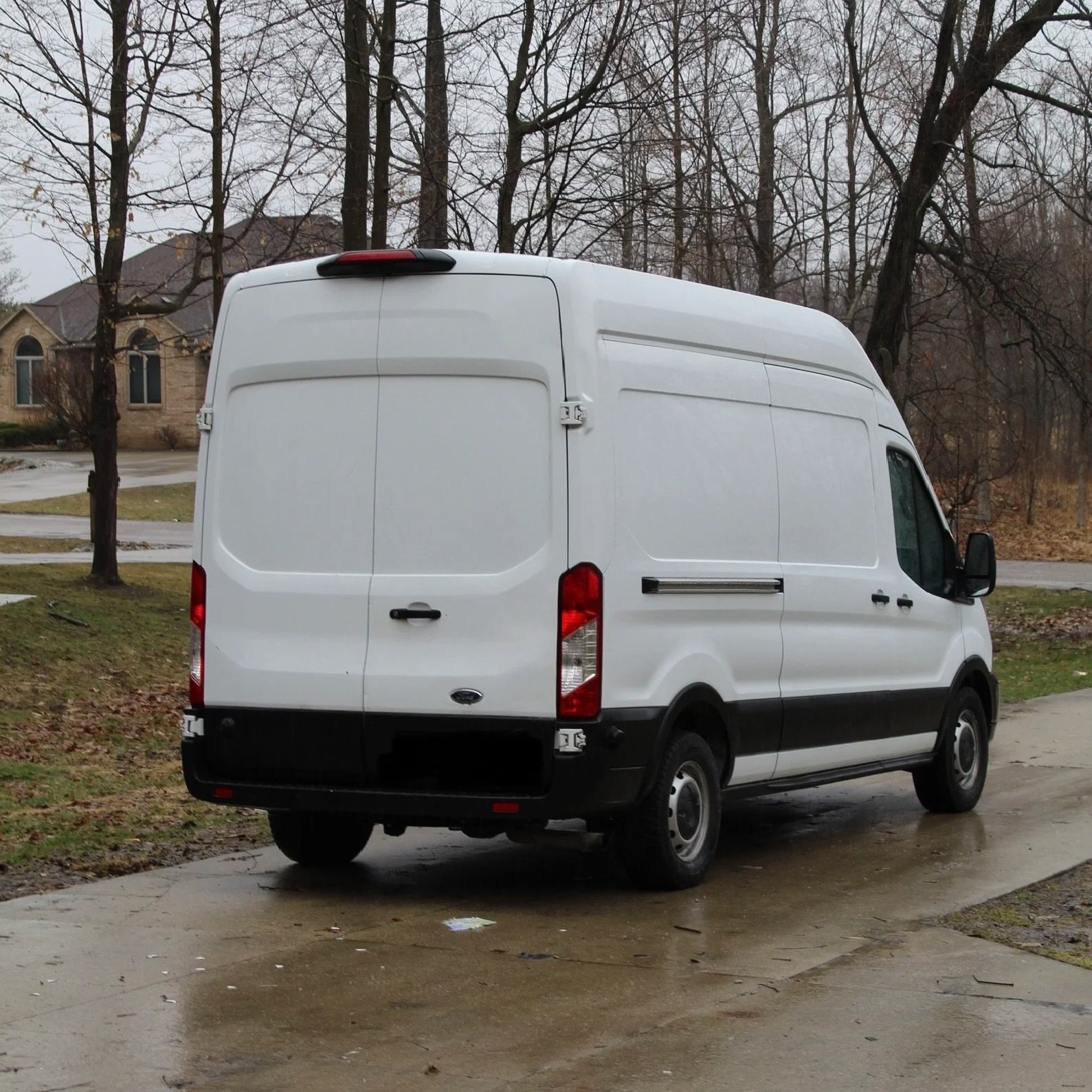 A white cargo van parked on a wet driveway in a residential neighborhood with leafless trees and a house in the background on a cloudy day.