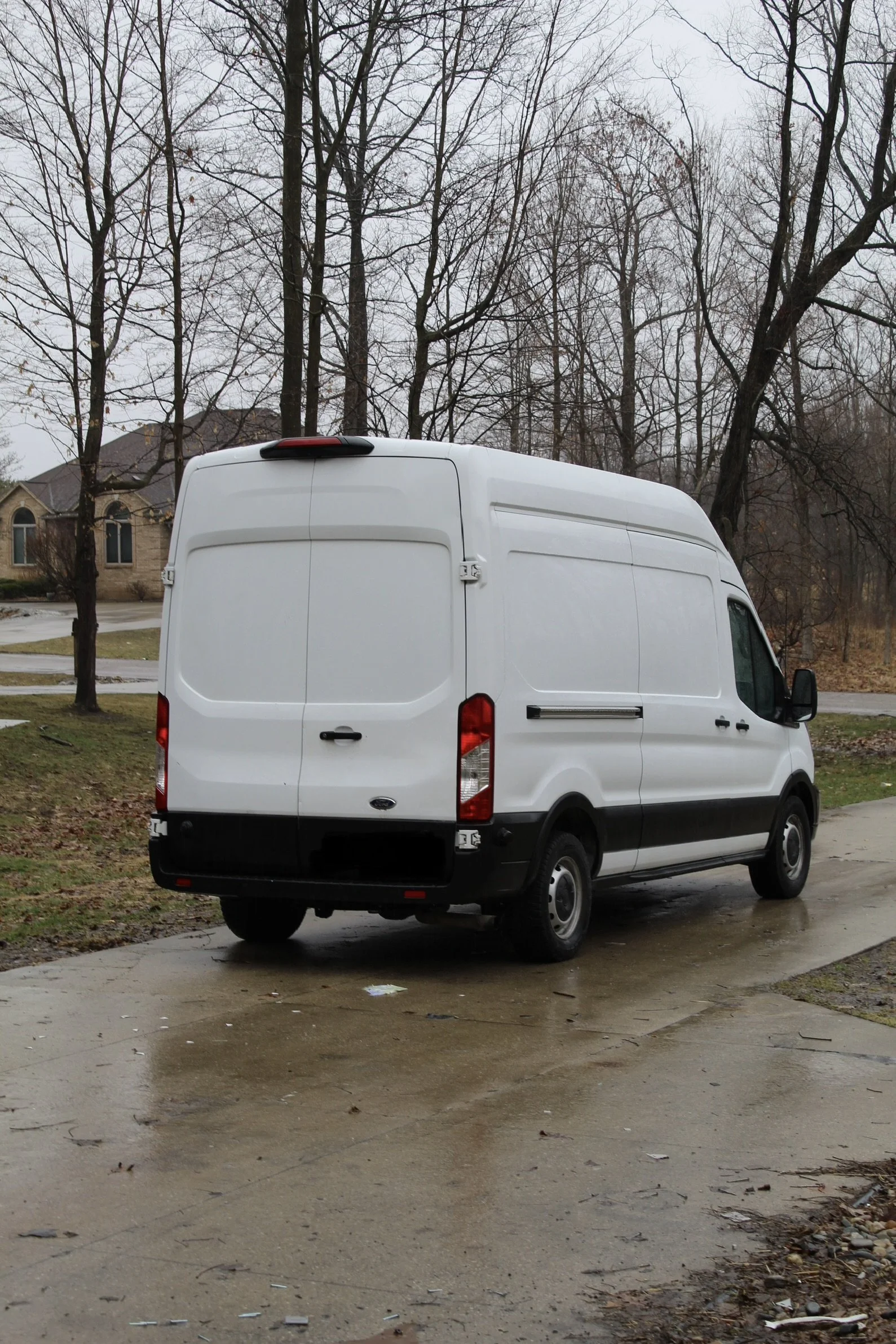 A white cargo van parked on a wet driveway with a cloudy sky and leafless trees in the background.