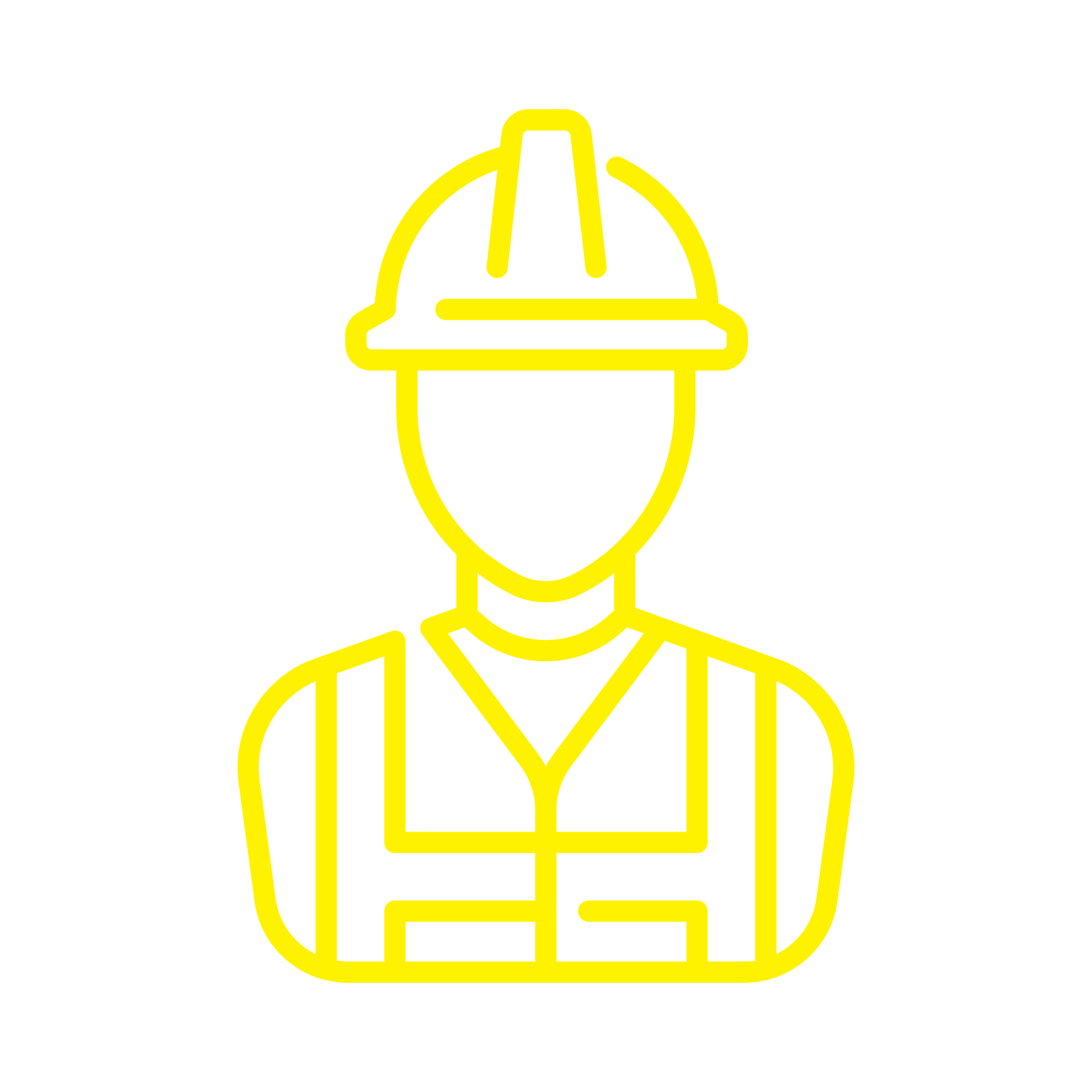 Yellow outline icon of a construction worker wearing a safety helmet and vest, on a black background.