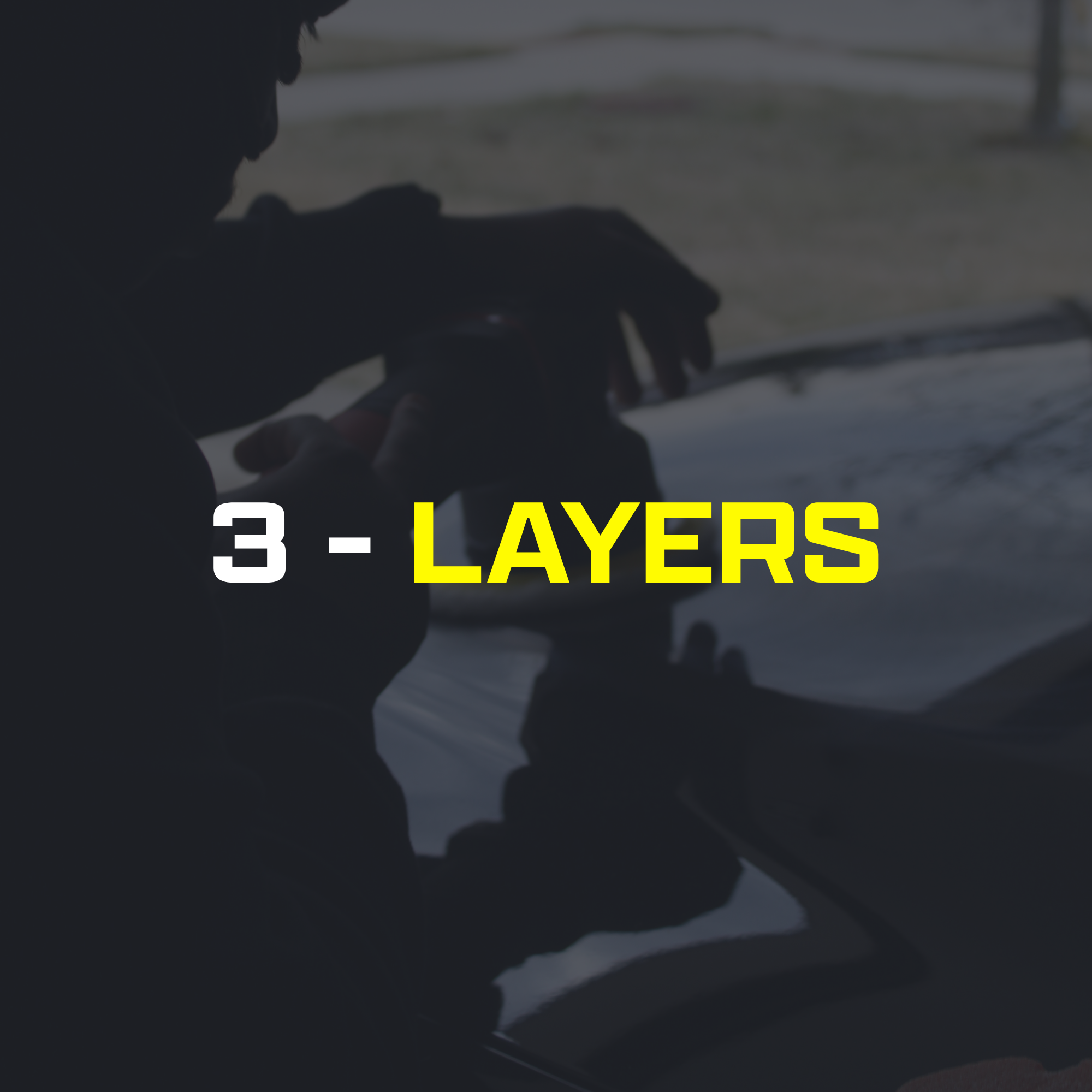 A person in a dark hoodie sitting inside a vehicle, possibly a car, with a snowy landscape outside the window. The text on the image reads '3-5 LAYERS' in bold yellow and white letters.