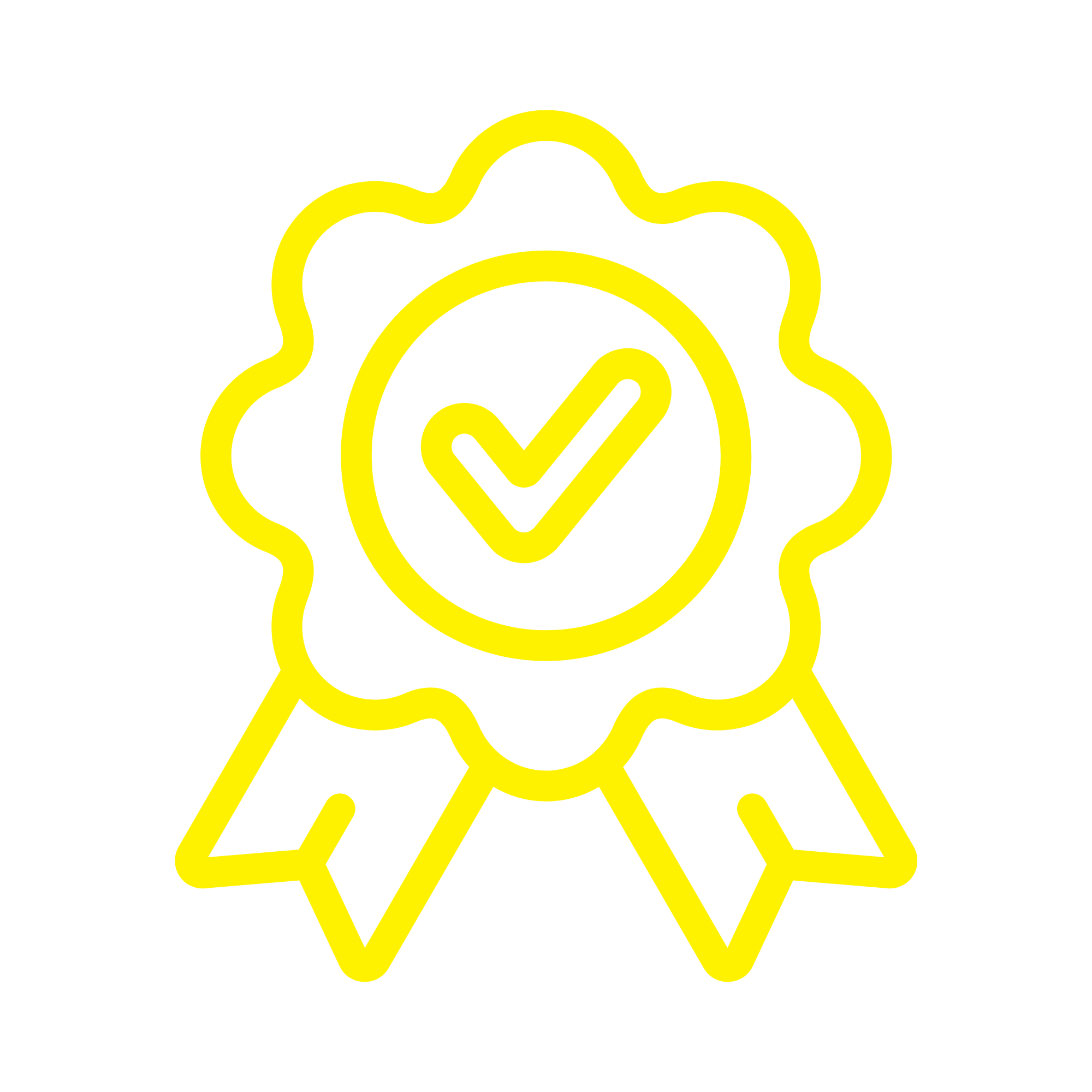 Yellow outline of an award ribbon with a check mark in the center on a black background.