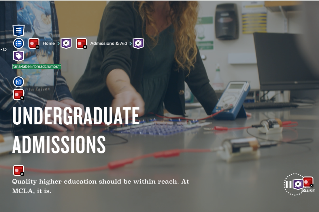 Screenshot of MCLA Undergraduate Admissions page with WAVE icons