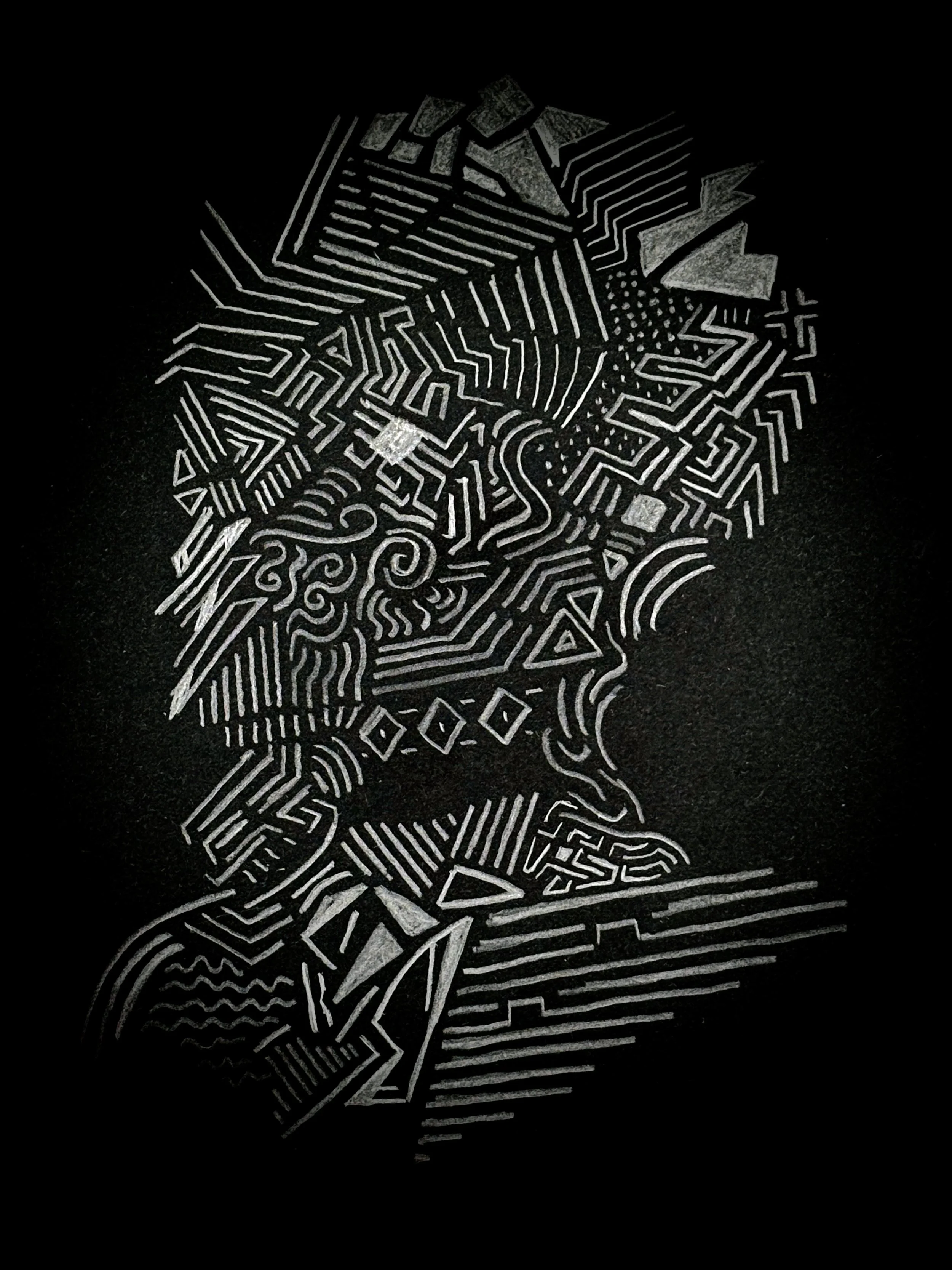 A line art illustration of a dog made up of intricate white geometric and maze-like patterns on a black background. Hand drawn by Otis, the creator of Strict Abstract Linearism.