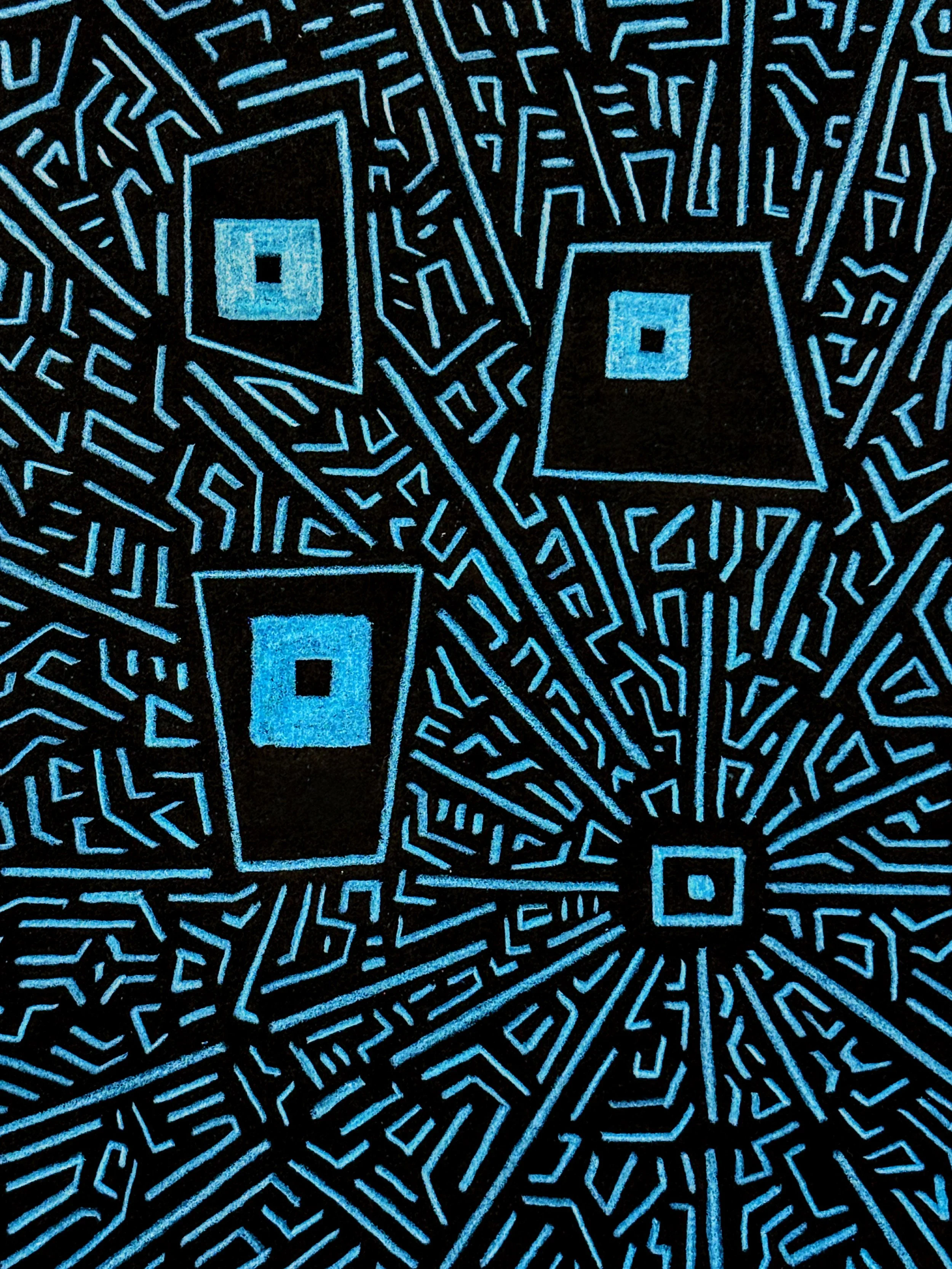 Digital illustration of a blue maze with house and car outlines. Hand drawn by Otis, the creator of Strict Abstract Linearism.