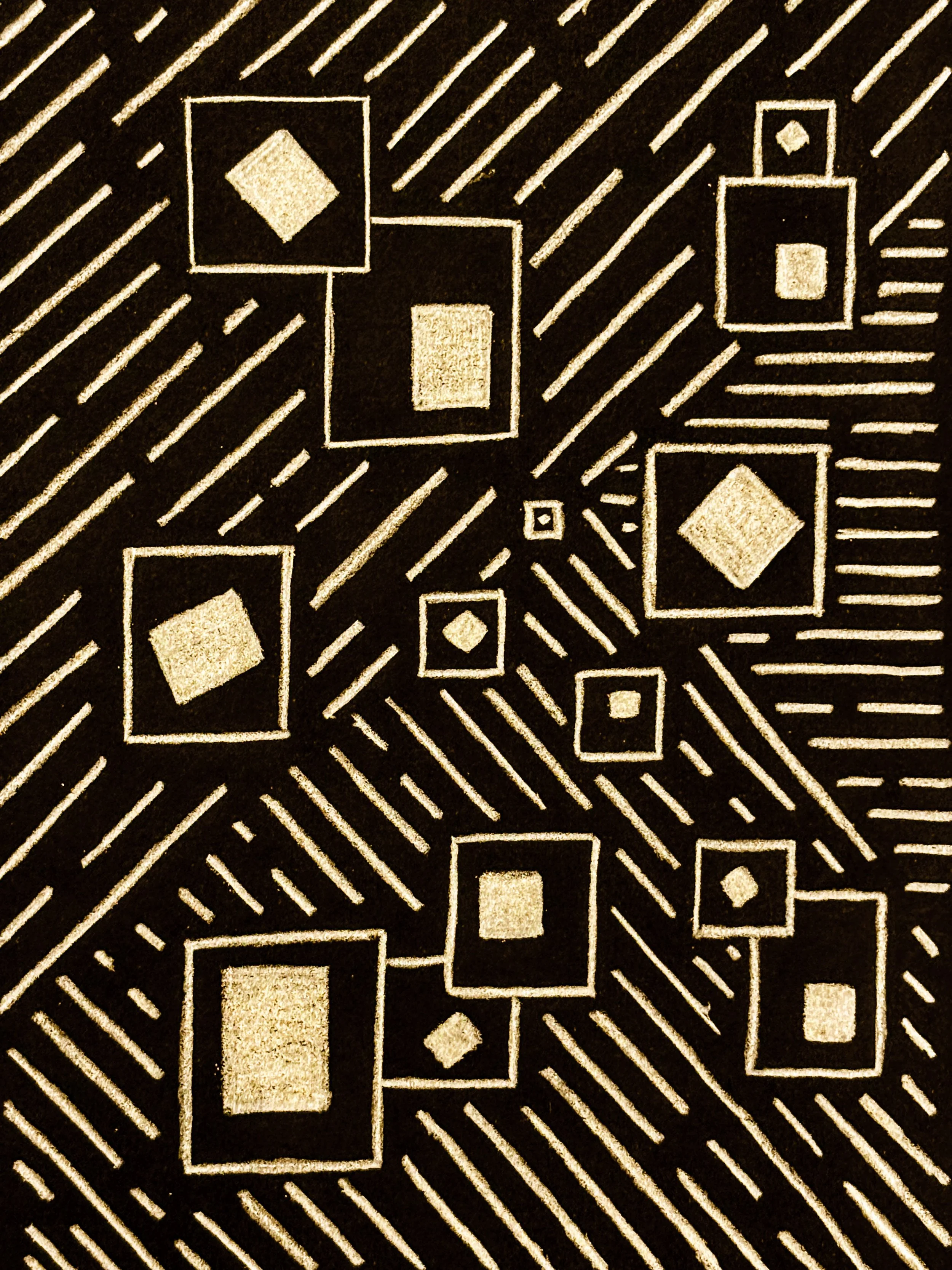 Black textured surface with golden geometric patterns of rectangles and squares connected by lines and diagonal stripes. Hand drawn by Otis, the creator of Strict Abstract Linearism.