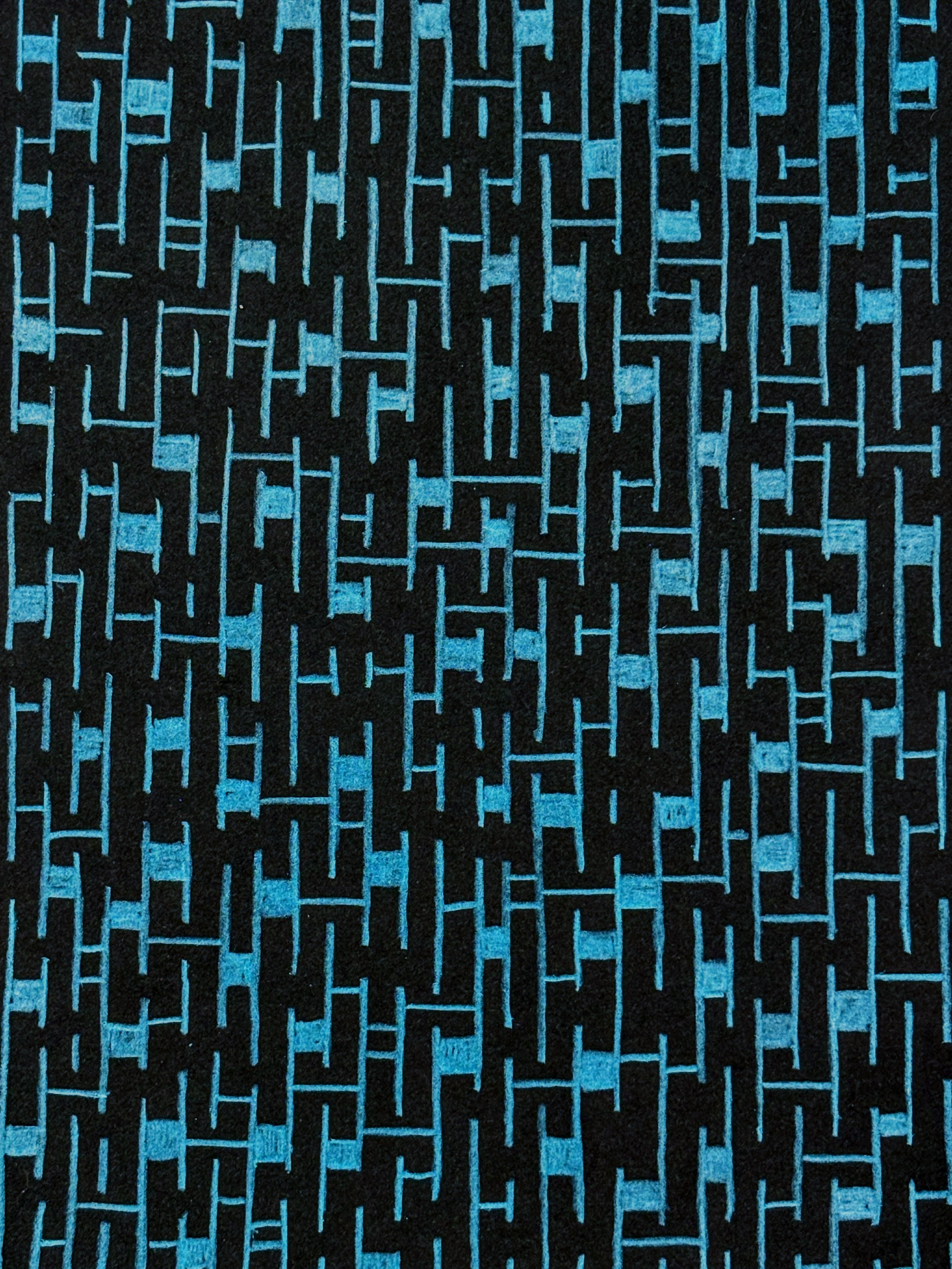 A maze pattern with black background and light blue lines creating a complex labyrinth. Hand drawn by Otis, the creator of Strict Abstract Linearism. 