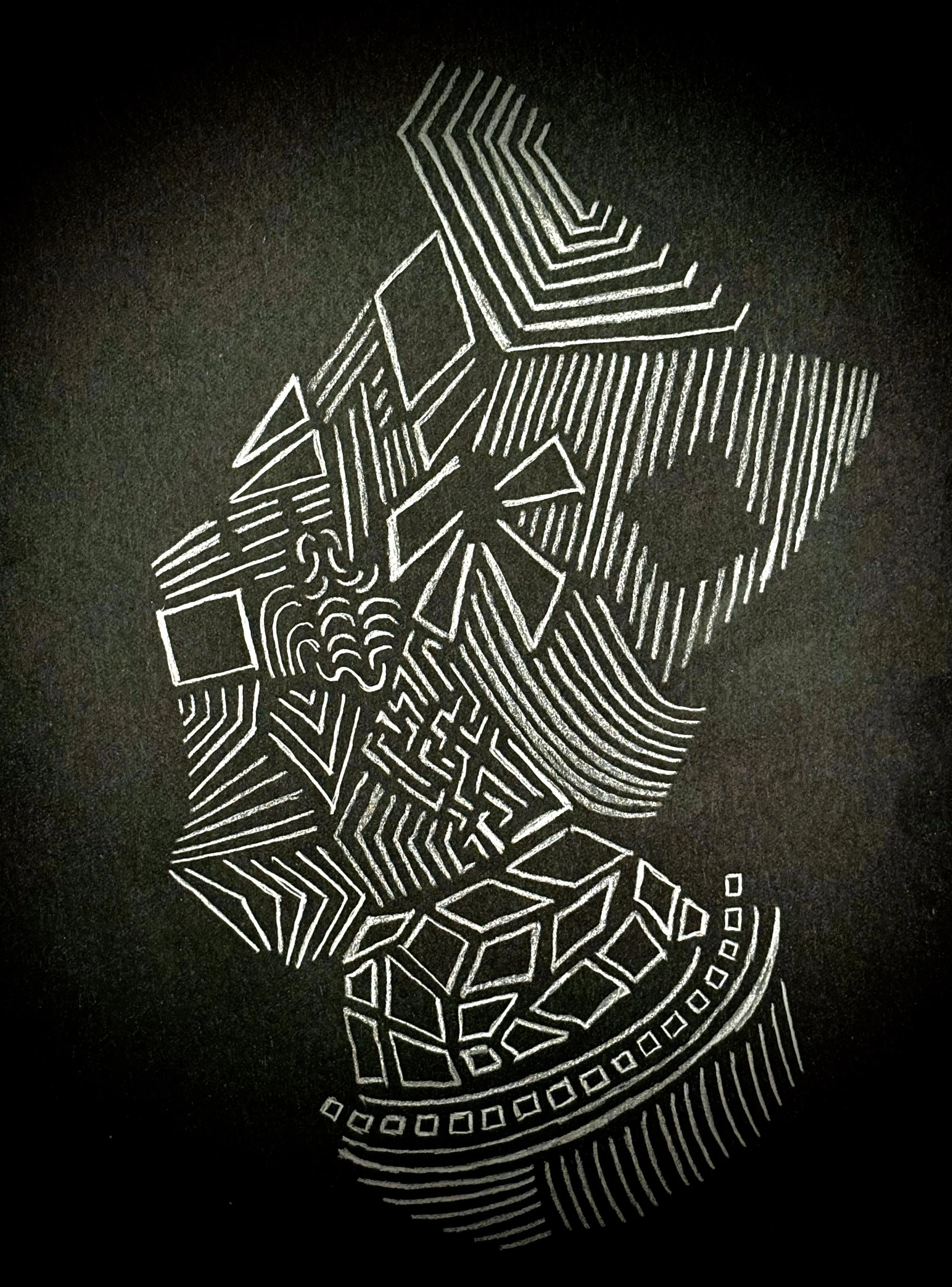 Line art illustration of a human figure composed of geometric patterns and lines, set against a black background. Hand drawn by Otis, the creator of Strict Abstract Linearism.
