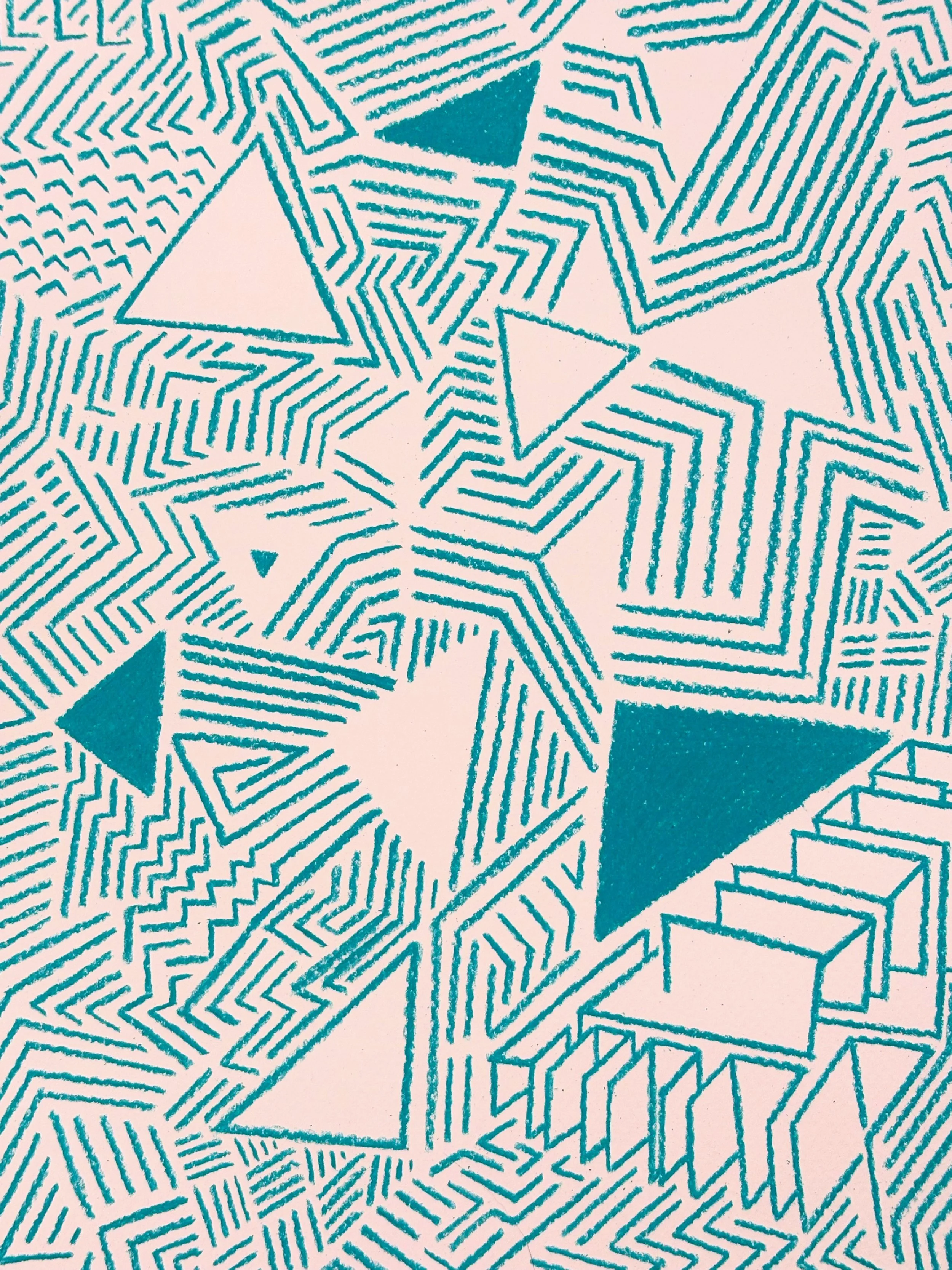 Abstract geometric pattern with blue lines on a pink background, featuring various interconnected shapes such as triangles, hexagons, and rectangles. Hand drawn by Otis, the creator of Strict Abstract Linearism.