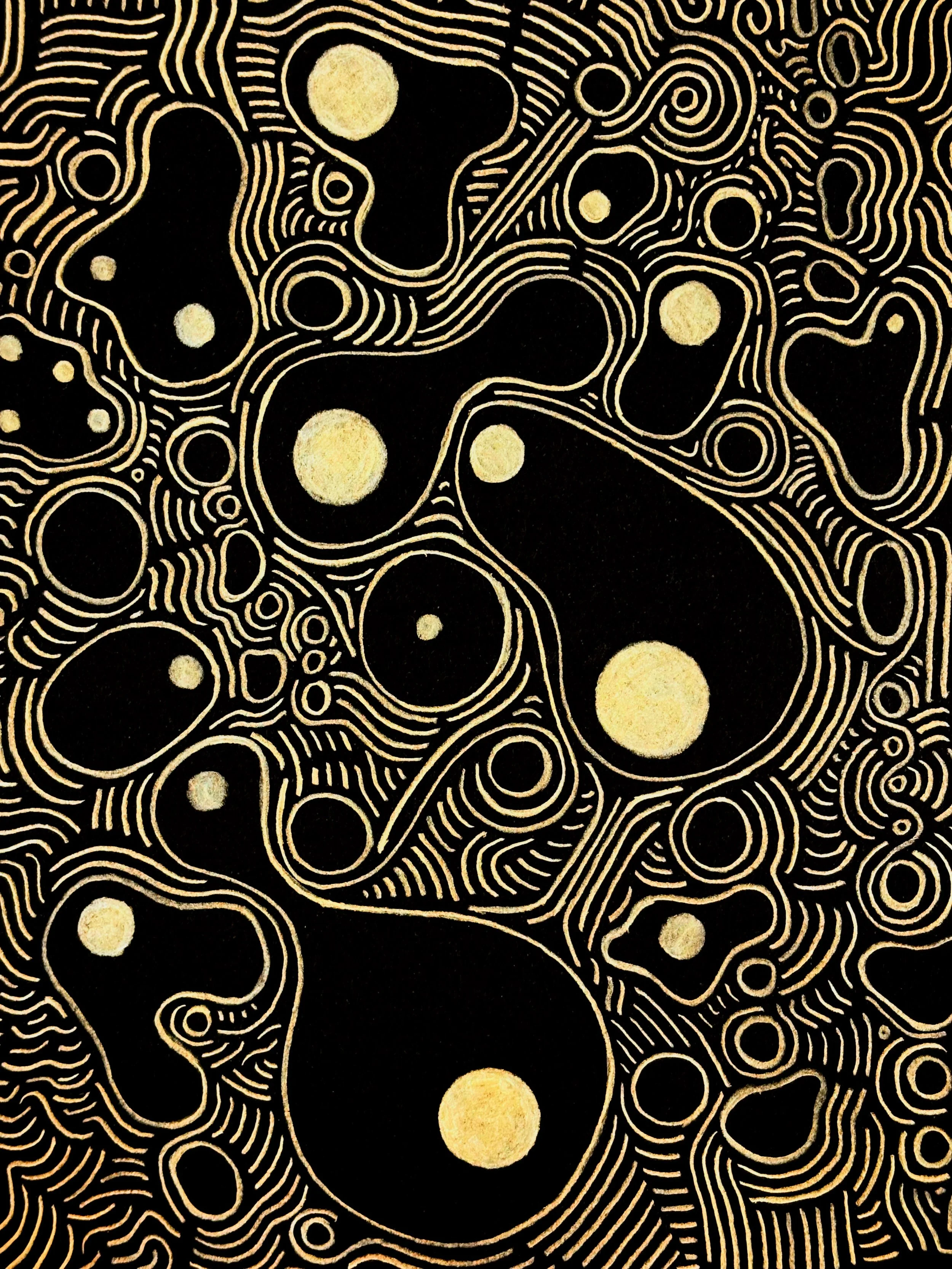 An abstract, artistic illustration of a constellation or cosmic scene with yellow circular elements connected by intricate, swirling yellow lines on a black background. Hand drawn by Otis, the creator of Strict Abstract Linearism.