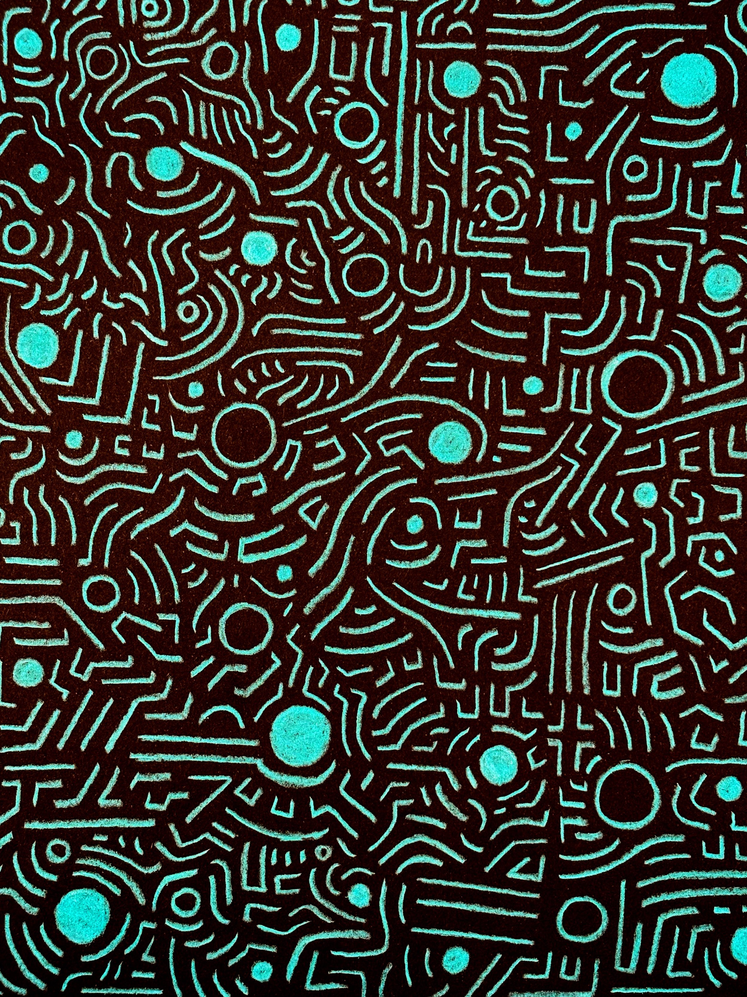 A black background with a maze-like pattern of turquoise lines and dots, resembling a circuit board or abstract art. Hand drawn by Otis, the creator of Strict Abstract Linearism.
