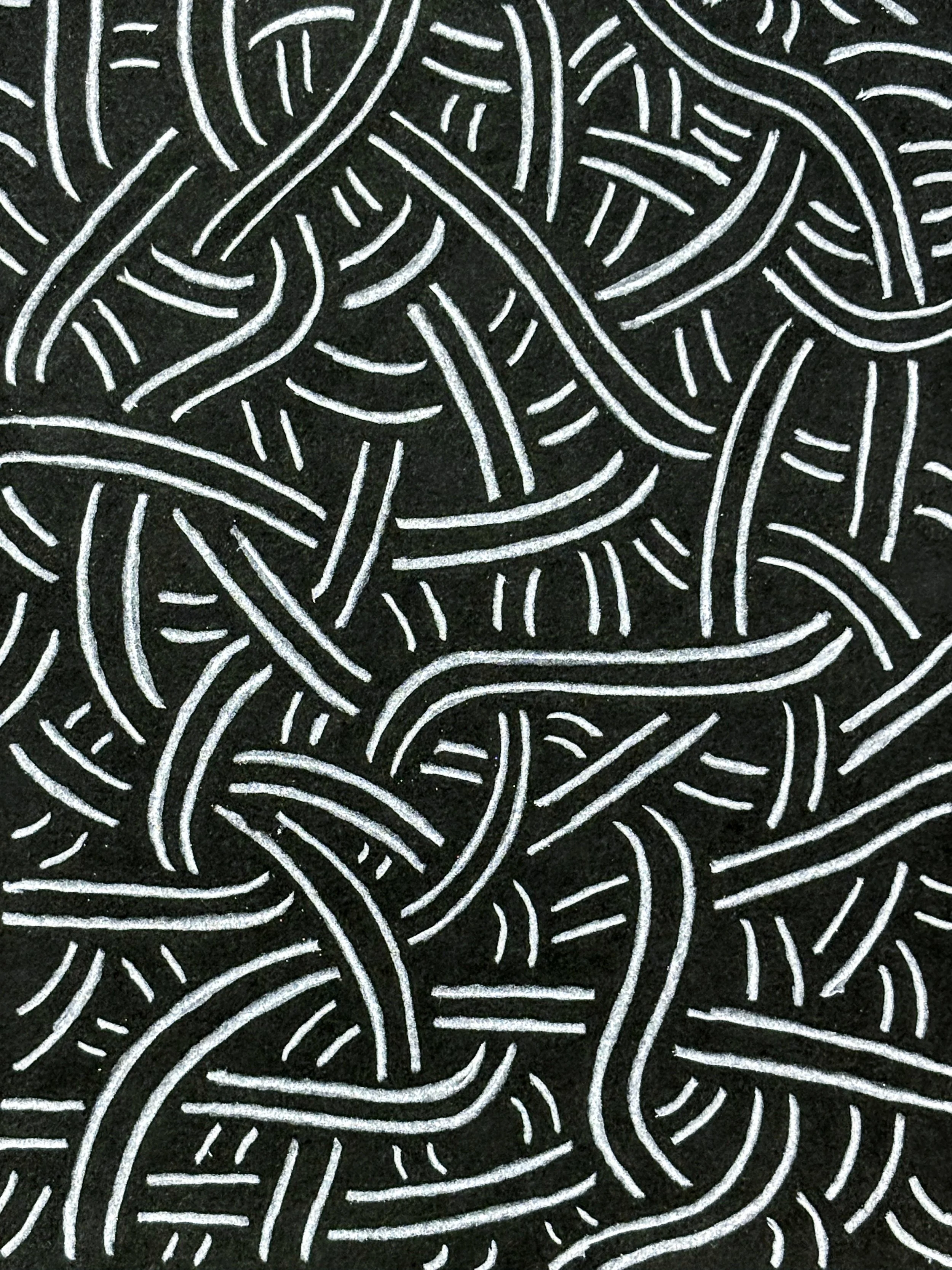 Complex pattern of white lines on a black background resembling a maze or abstract art. Hand drawn by Otis, the creator of Strict Abstract Linearism. 