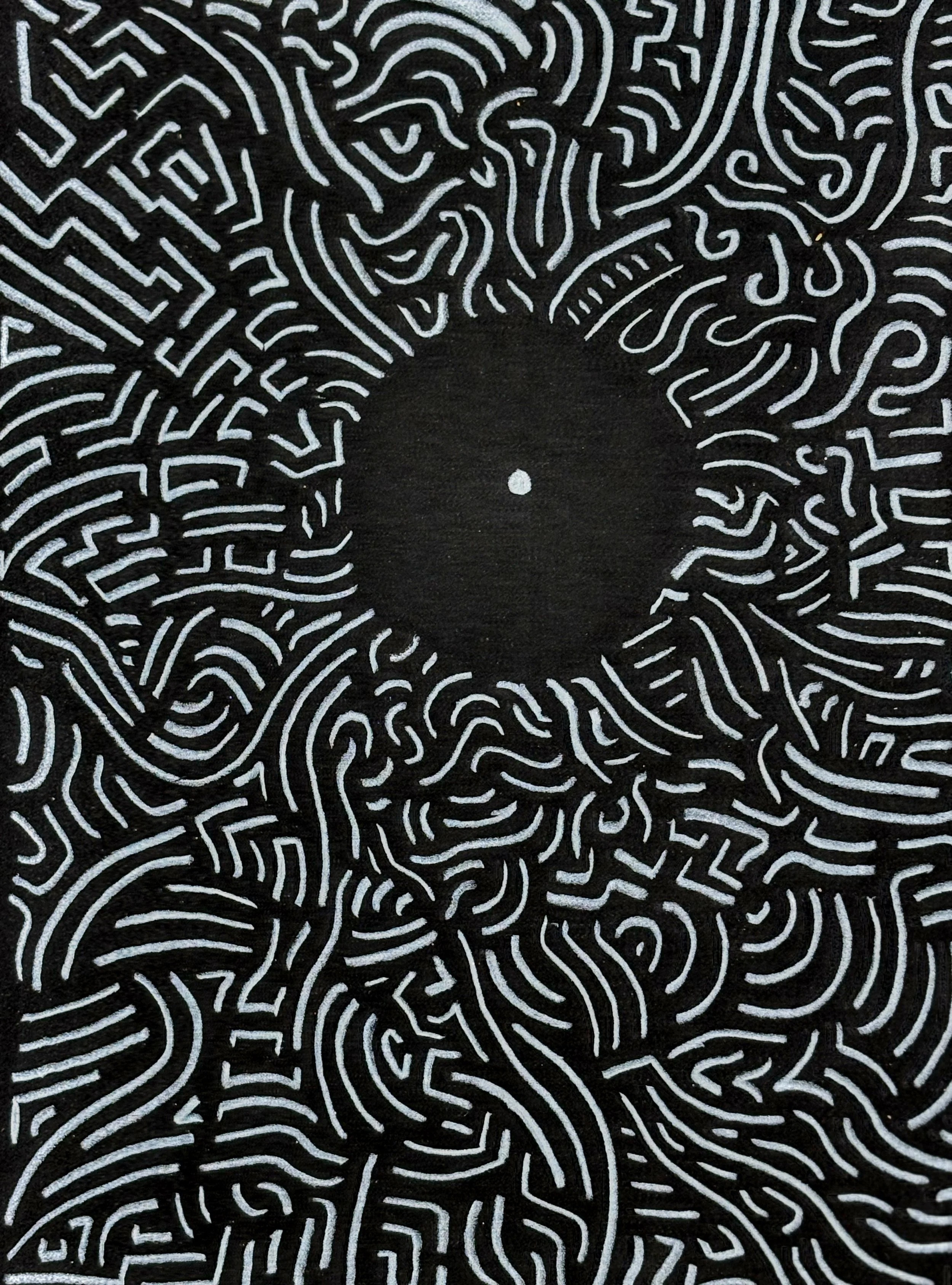 Black and white abstract maze pattern with swirling lines and a stylized butterfly or moth shape at the center. Hand drawn by Otis, the creator of Strict Abstract Linearism. 
