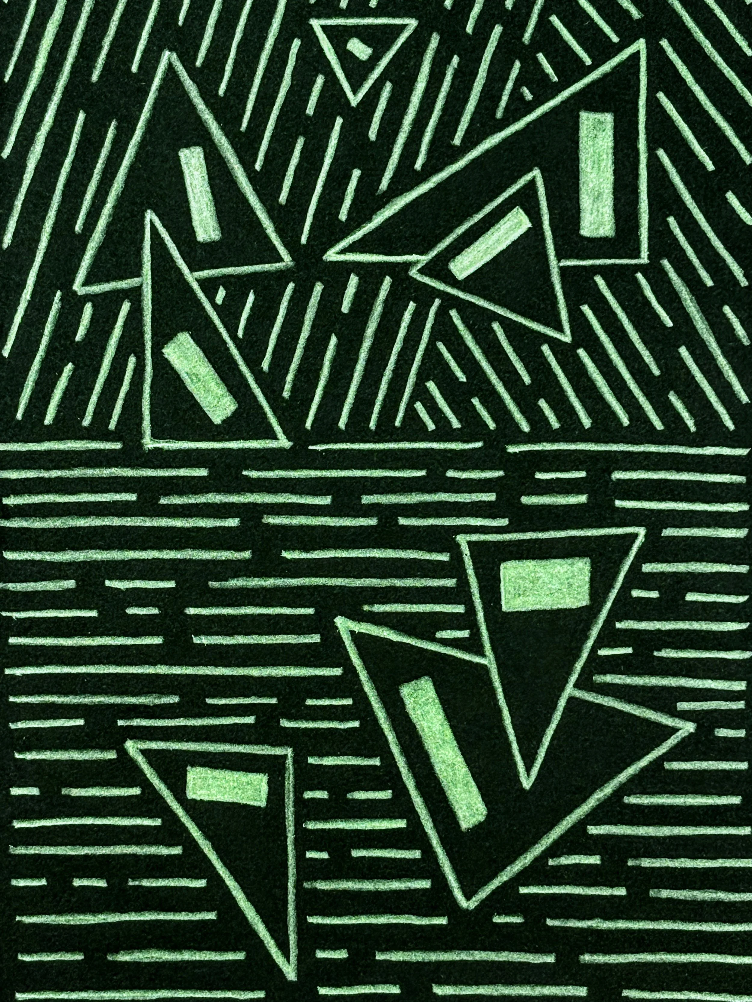 A geometric pattern with neon green lines on a black background, forming triangles, rectangles, and parallel lines. Hand drawn by Otis, the creator of Strict Abstract Linearism.