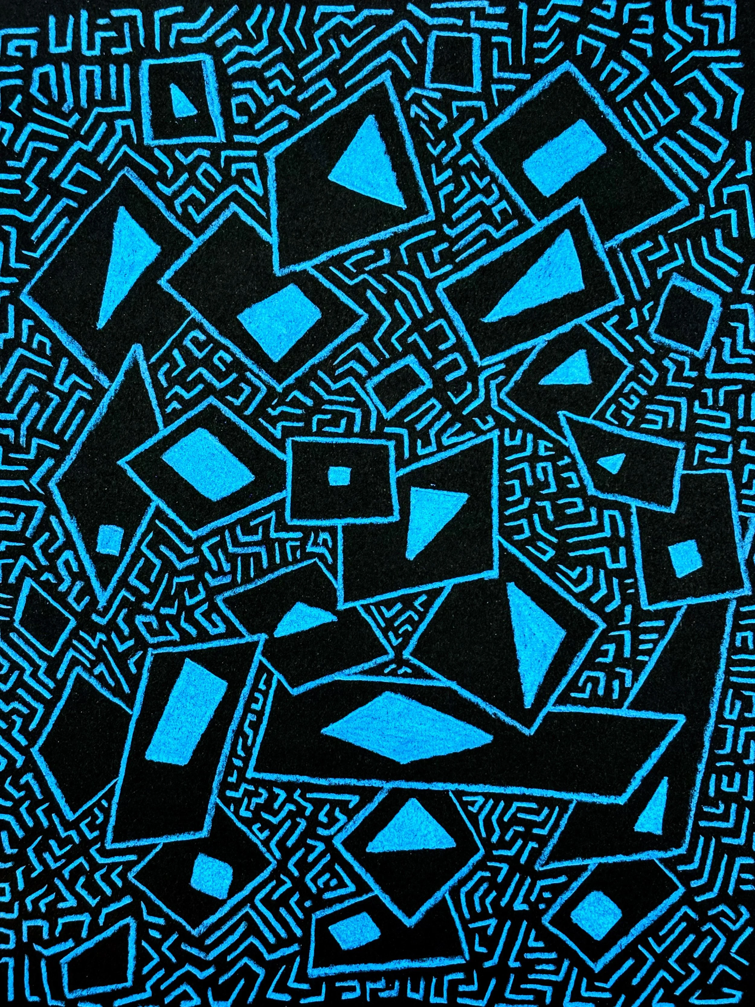 Neon blue geometric triangles and rectangular shapes outlined in electric blue on a black background, arranged in a complex, maze-like pattern. Hand drawn by Otis, the creator of Strict Abstract Linearism. 